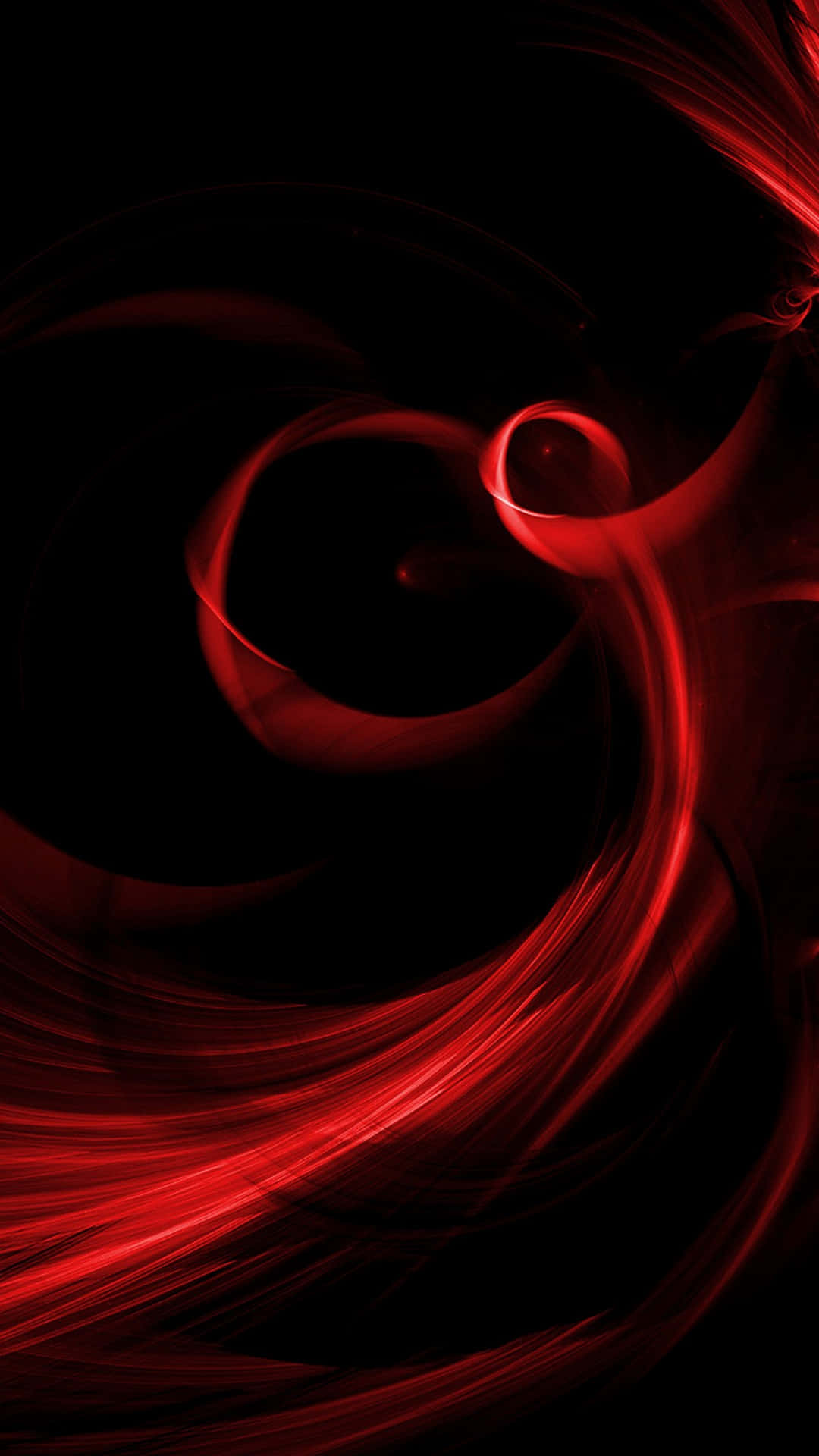 Aesthetic Red 桌布 壁紙 — 充滿活力的紅色發光絲帶在深邃的黑色虛空中動態旋轉，營造出迷人的抽象運動。