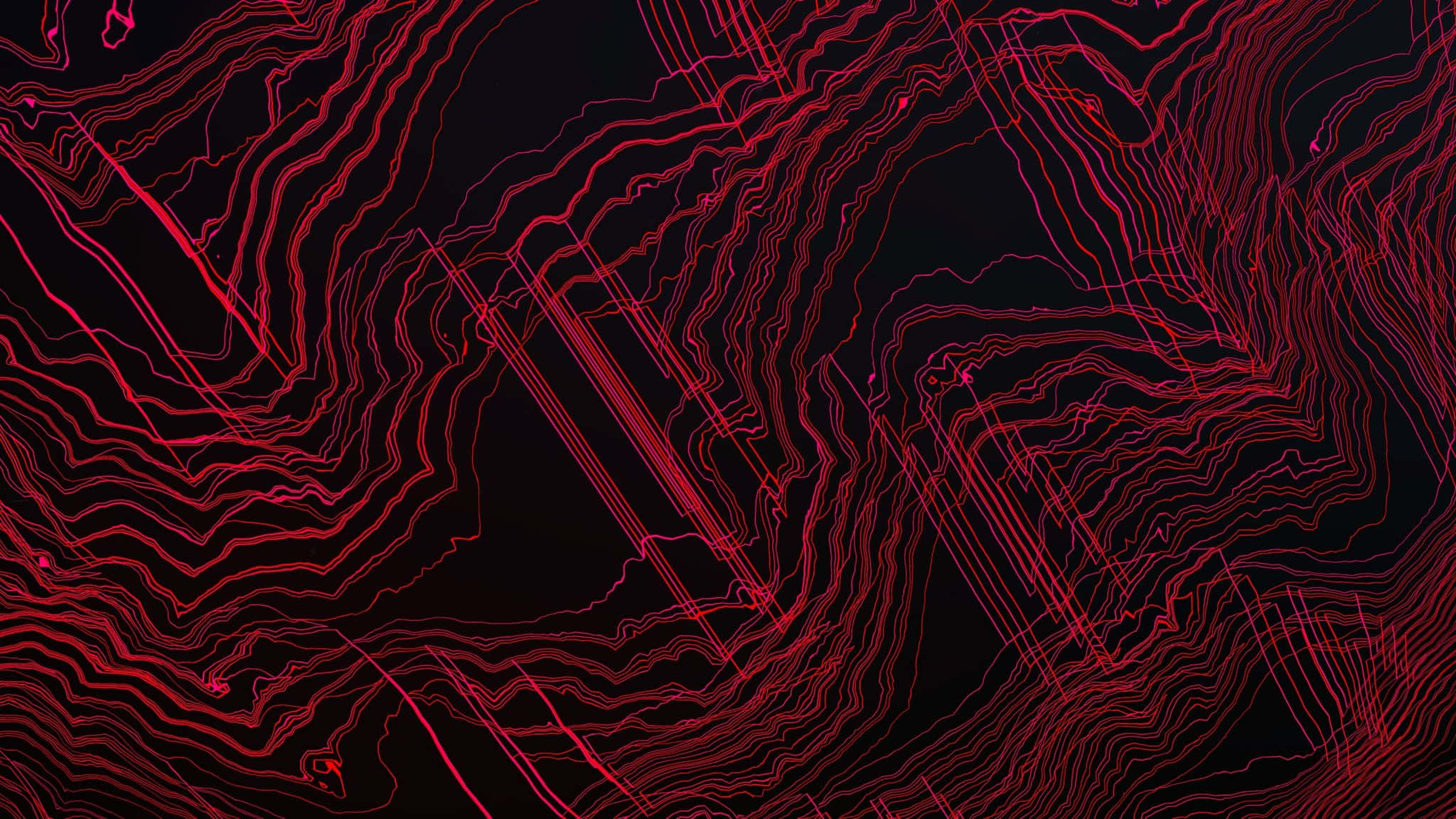 桌布 壁紙 — 充滿活力的紅色發光線條在深黑色背景上扭曲流動，形成動態抽象圖案。