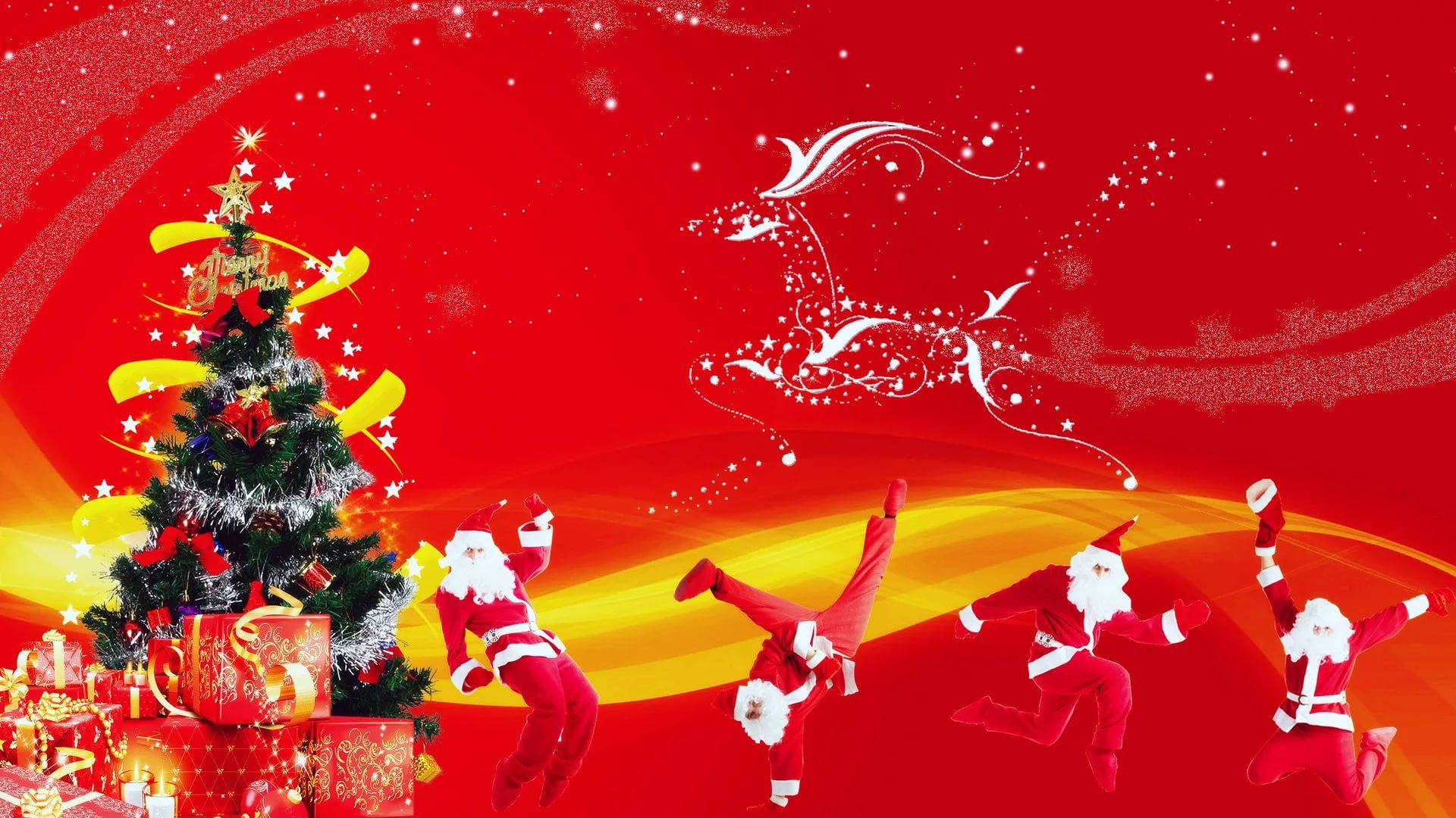 Santa Claus 桌布 壁紙 — 充滿活力的紅色節日場景，有跳舞的聖誕老人、裝飾好的聖誕樹和一隻跳躍的馴鹿，背景是閃閃發光的漸變色。