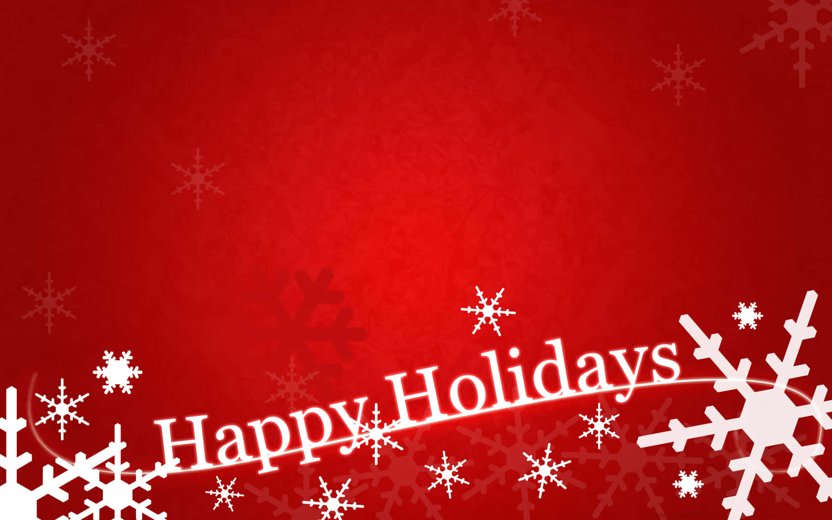 桌布 壁紙 — 充滿活力的紅色節日壁紙，帶有白色雪花和彎曲的「Happy Holidays」文字橫幅。