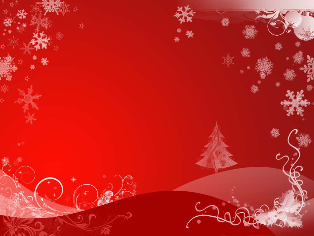 Red Aesthetic Christmas 桌布 壁紙 — 充滿活力的紅色節日壁紙，裝飾著白色雪花漩渦和微妙的聖誕樹剪影。