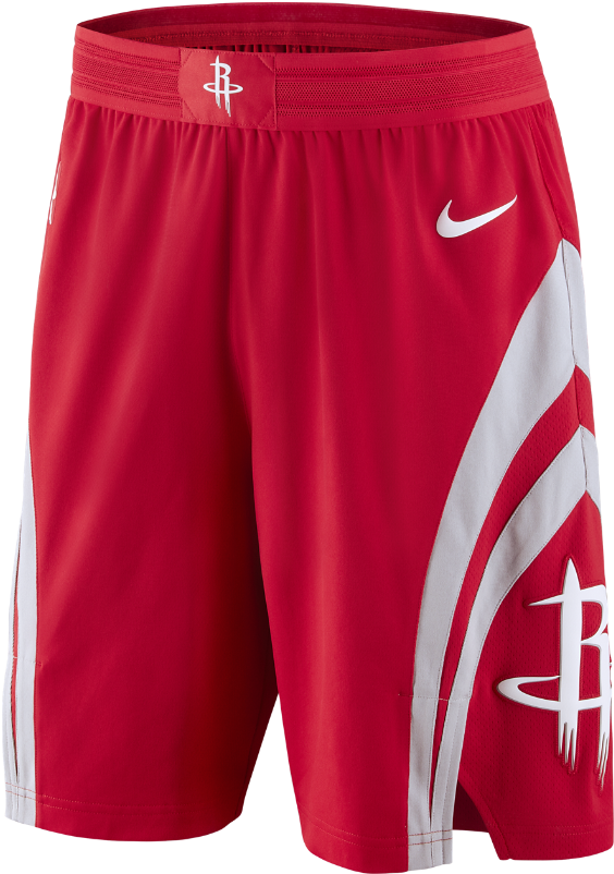 Houston Rockets 桌布 壁紙 — 充滿活力的紅色籃球短褲，帶有白色Nike勾勾和休士頓火箭隊標誌，背景為黑色。