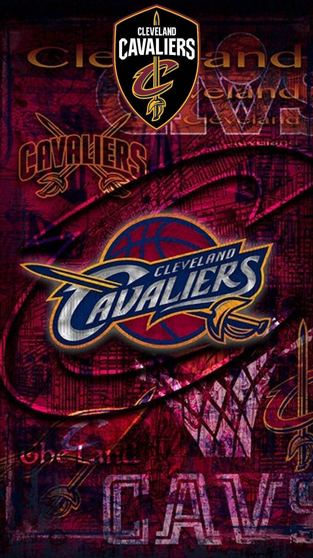 cavaliers 桌布 壁紙 — 充滿活力的紅色紋理壁紙，上面有多個克里夫蘭騎士隊標誌和球隊名稱，採用分層塗鴉風格字體。
