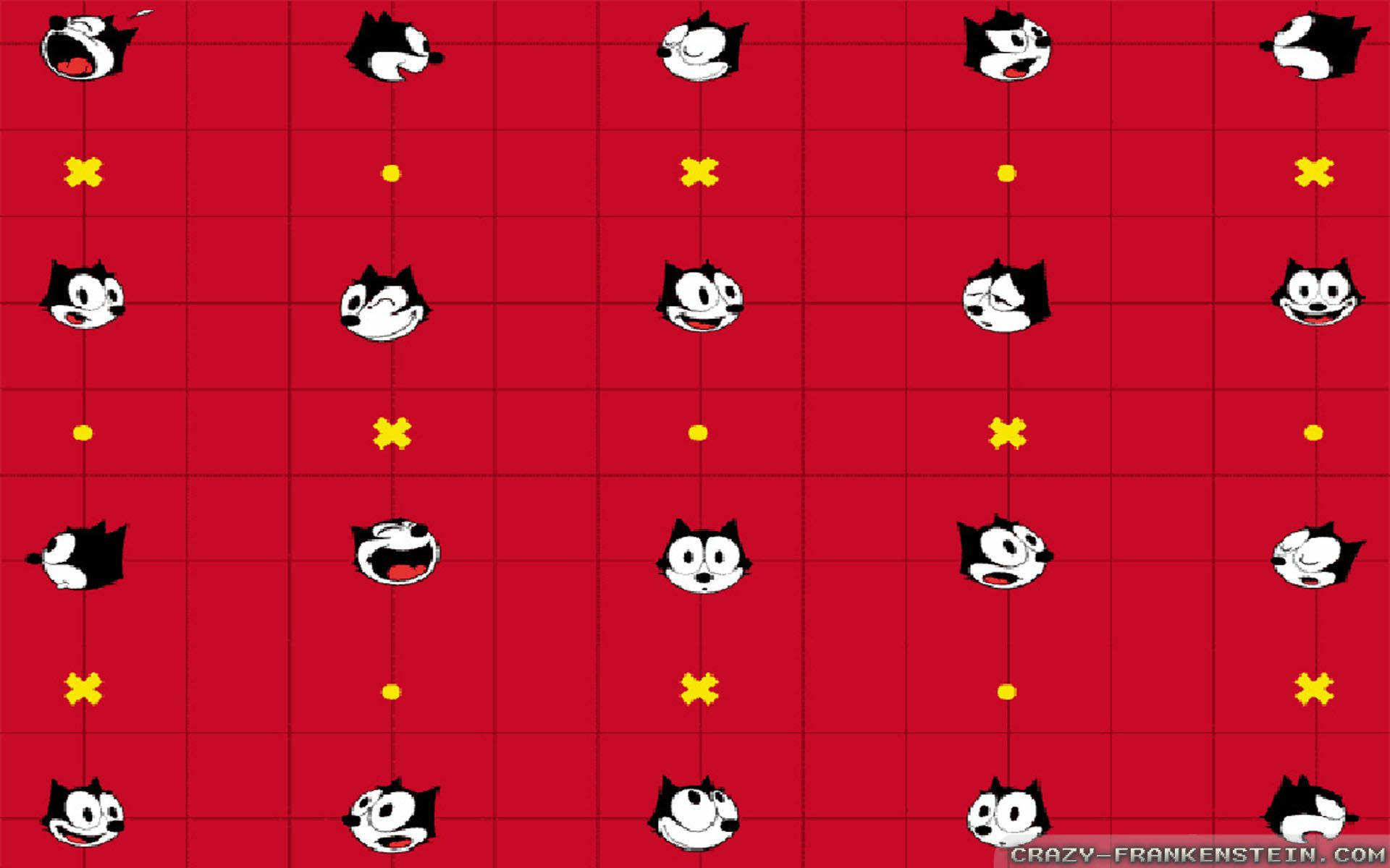 Felix 桌布 壁紙 — 充滿活力的紅色網格壁紙，重複出現卡通貓臉，表情各異，並帶有黃色X標記。