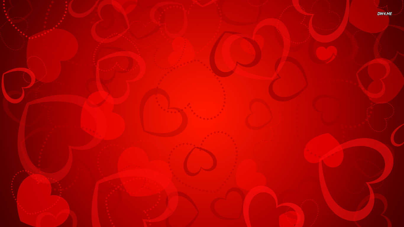 Red Heart 桌布 壁紙 — 充滿活力的紅色背景，上面有各種大小和透明度重疊的心形。
