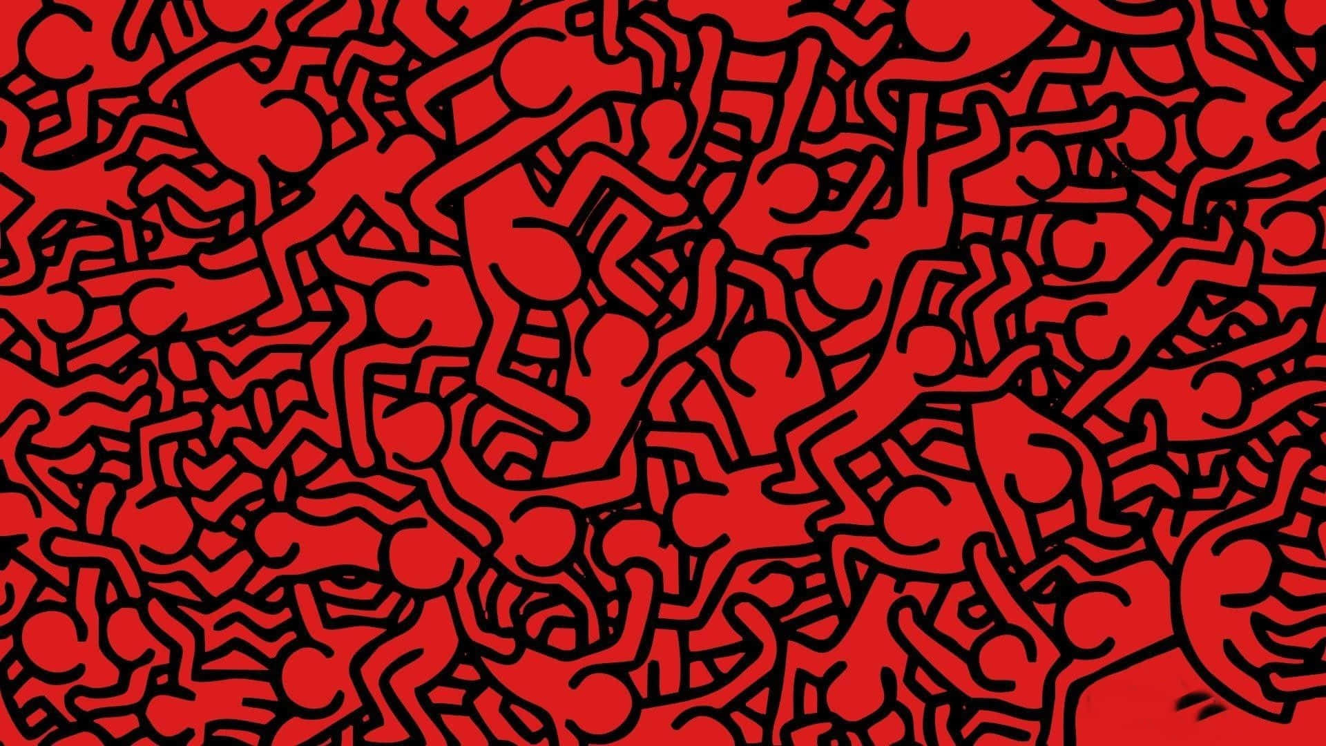 Aesthetic Red Pc 桌布 壁紙 — 充滿活力的紅色背景，上面有許多黑色線條人正在跳舞和亂動，像是在狂歡慶祝。