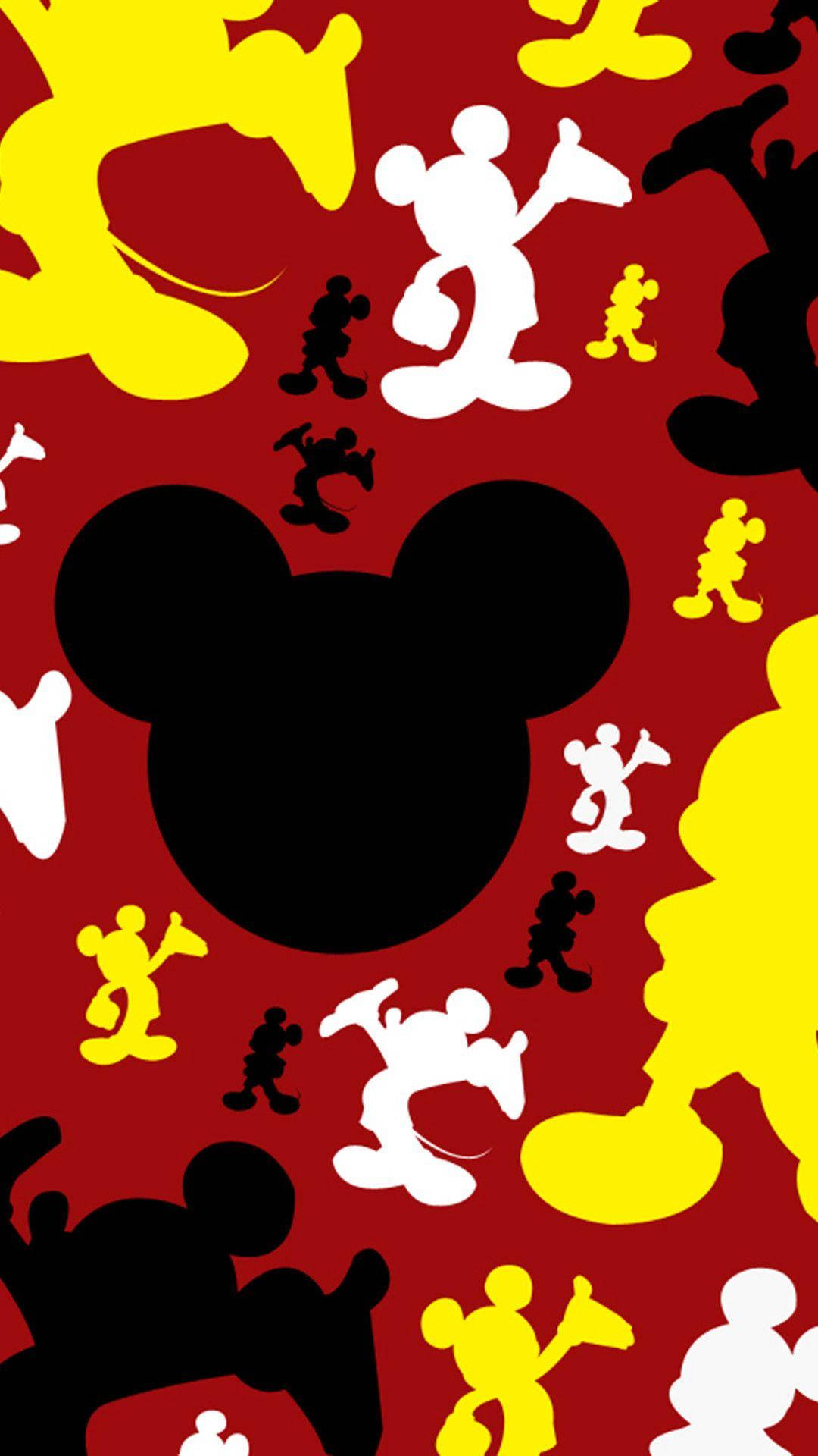 Mickey 桌布 壁紙 — 充滿活力的紅色背景，上面重複著黑色、白色和黃色的米奇老鼠剪影。