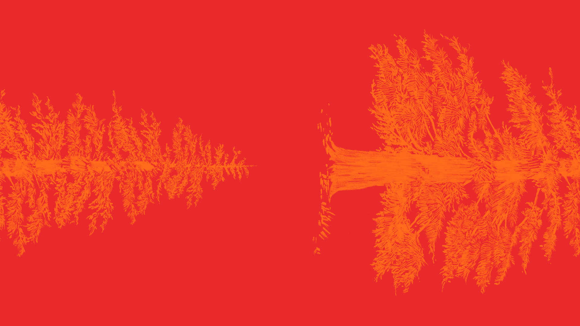 紅色動圖 桌布 壁紙 — 充滿活力的紅色背景，中央線兩側對稱排列著風格化的橙色樹影。
