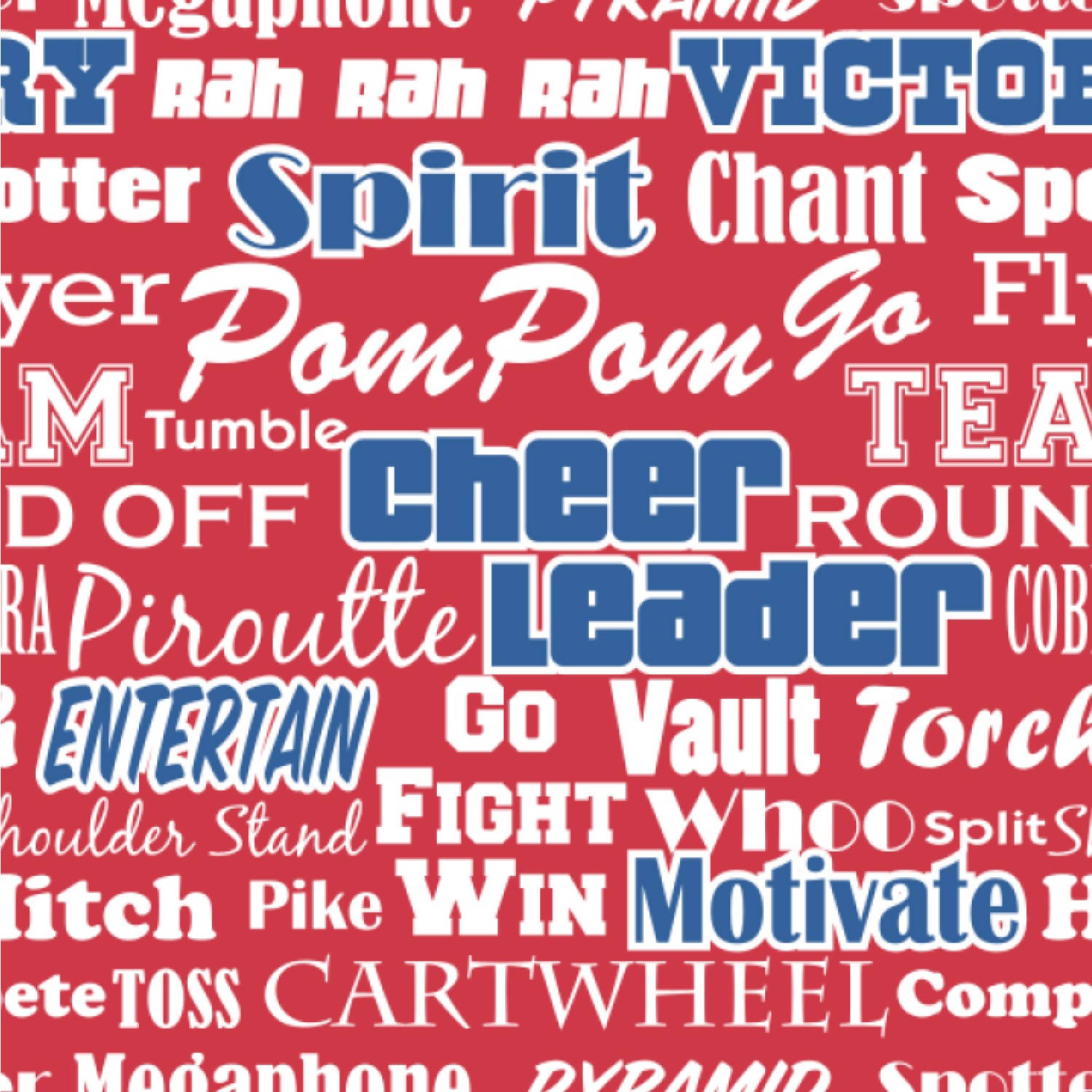 Cheerleader 桌布 壁紙 — 充滿活力的紅色背景，充滿了動態字體的大膽白色和藍色啦啦隊詞語，如cheer leader spirit和pom pom。