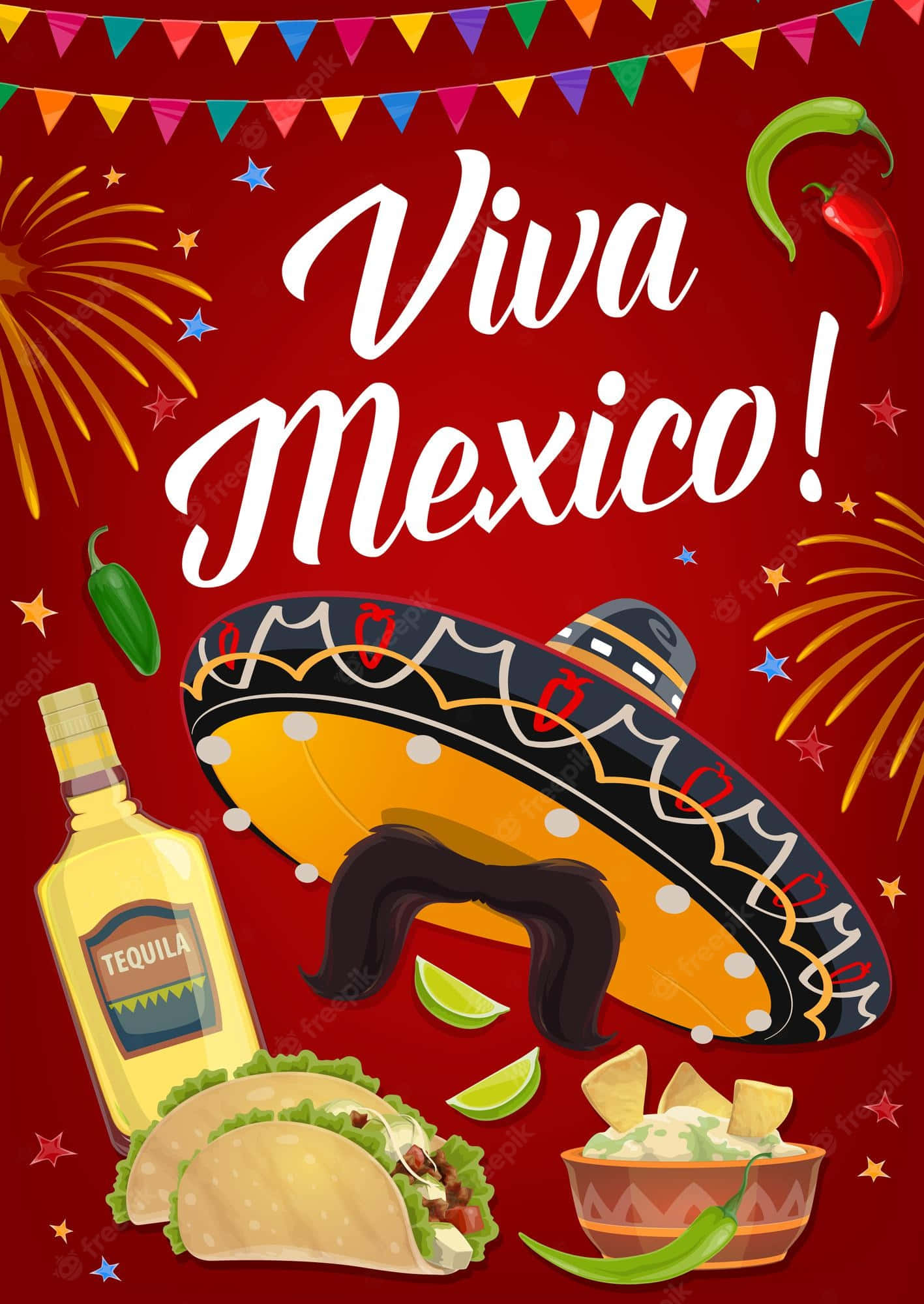 Viva Mexico 桌布 壁紙 — 充滿活力的紅色背景，在色彩繽紛的橫幅下，以墨西哥帽、龍舌蘭酒、墨西哥捲餅、薯片和煙火慶祝墨西哥。