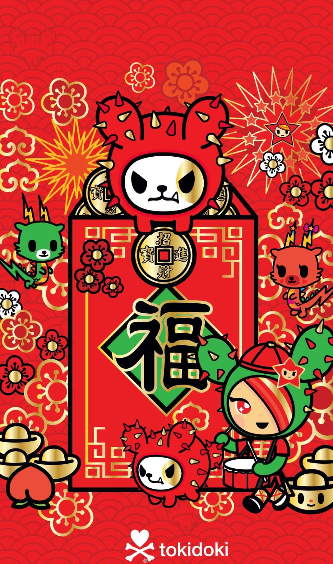 Cartoon 桌布 壁紙 — 充滿活力的紅色背景，帶有卡通角色和農曆新年象徵，如金幣和福字。