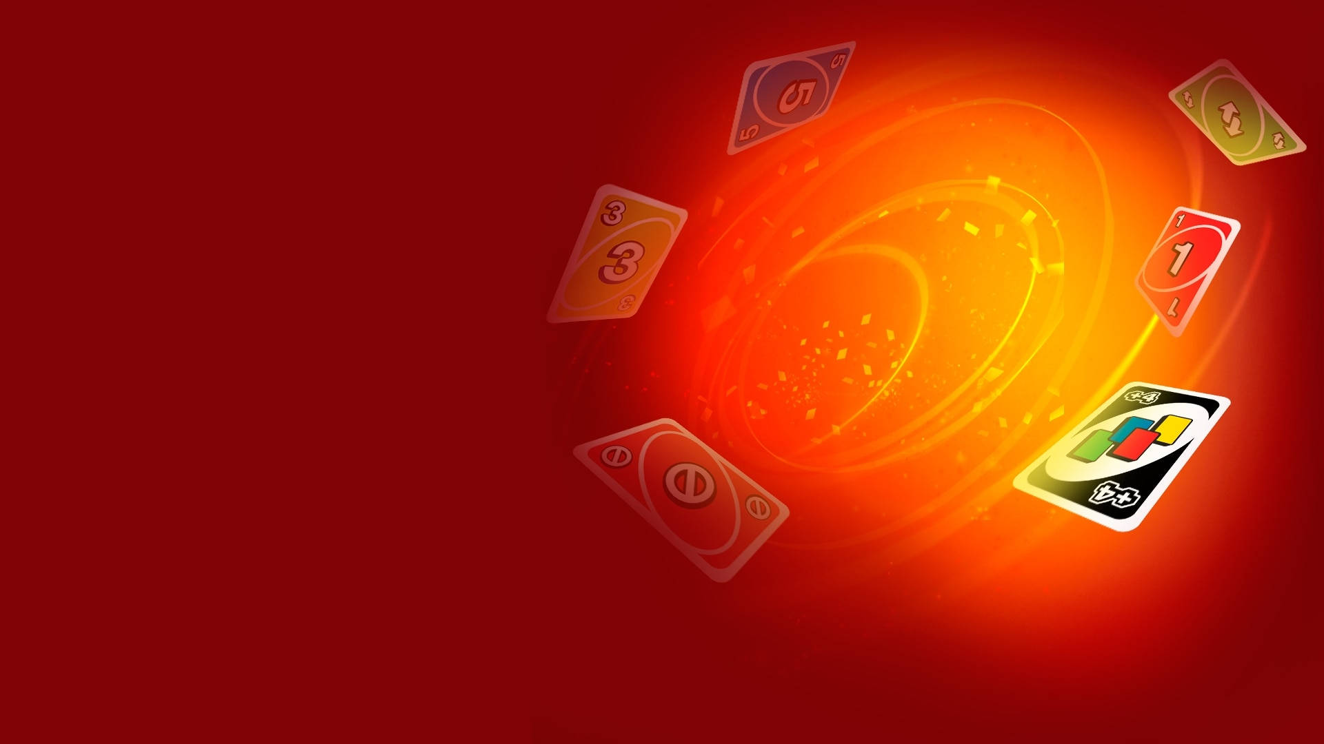 Uno 桌布 壁紙 — 充滿活力的紅色背景，帶有發光的橙色能量漩渦和動態漂浮的Uno卡牌。