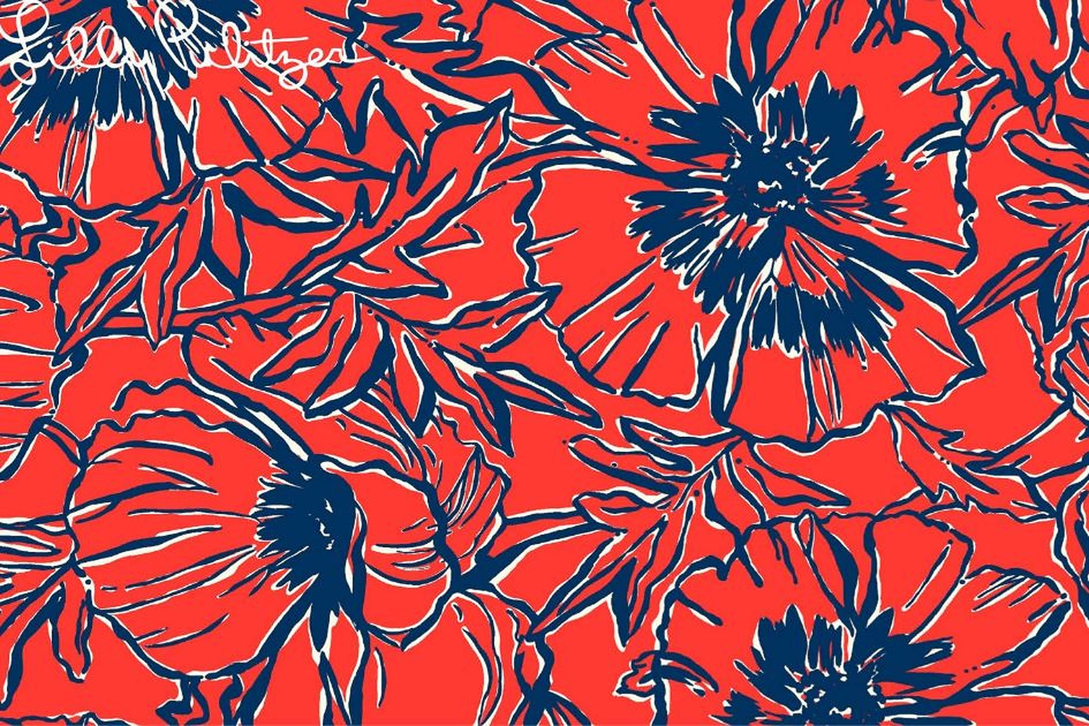 lilly 桌布 壁紙 — 充滿活力的紅色背景，帶有粗體海軍藍輪廓的花朵和葉子，形成重複圖案。