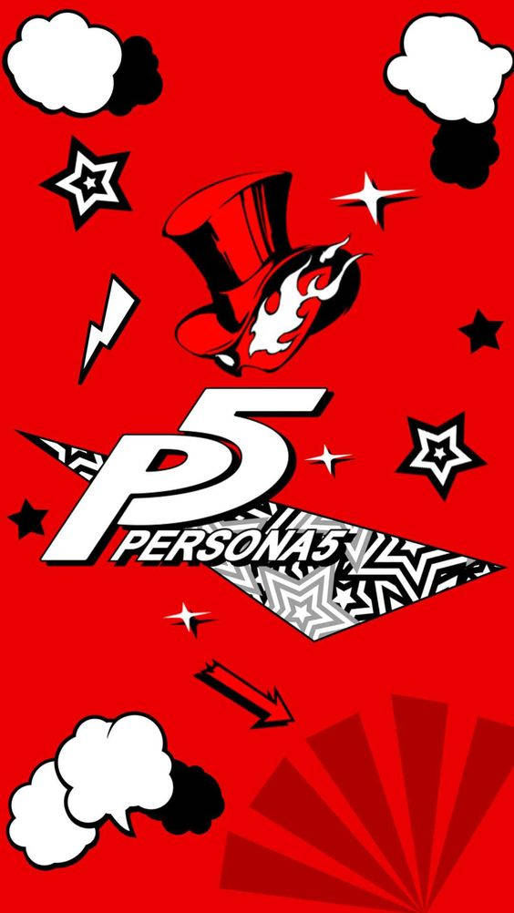 Persona 5 Phone 桌布 壁紙 — 充滿活力的紅色背景，帶有粗體白色Persona 5標誌和標誌性高帽，周圍環繞著漫畫風格的星星和雲朵。