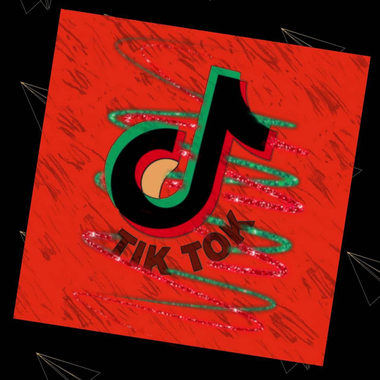 TikTok 動圖 桌布 壁紙 — 充滿活力的紅色背景，帶有閃閃發光的漩渦，框住了 TikTok 標誌，以粗體黑色、綠色和橙色呈現，背景為黑色，帶有白色幾何裝飾。