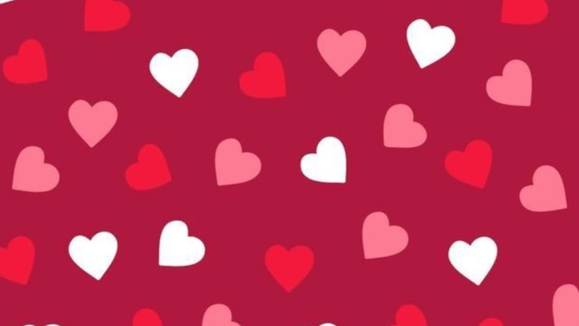 Red Hearts 桌布 壁紙 — 充滿活力的紅色背景，散落著白色和粉紅色的心形，形成俏皮的重複圖案。