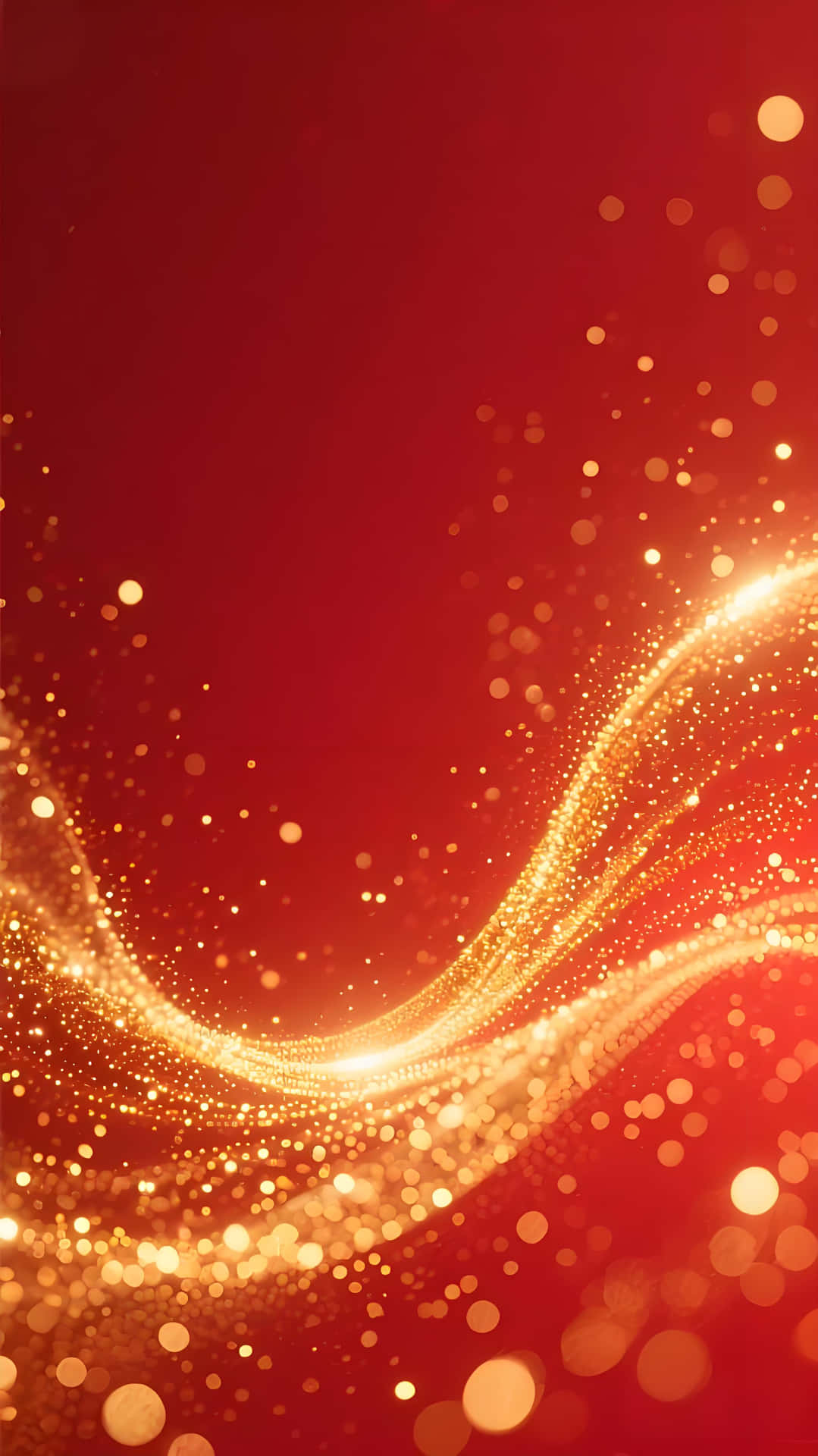 Shiny Golden Light Cascade Wallpaper 壁紙 — 充滿活力的紅色背景，流動的金色粒子波浪和發光的散景燈光，營造出奢華的抽象設計。