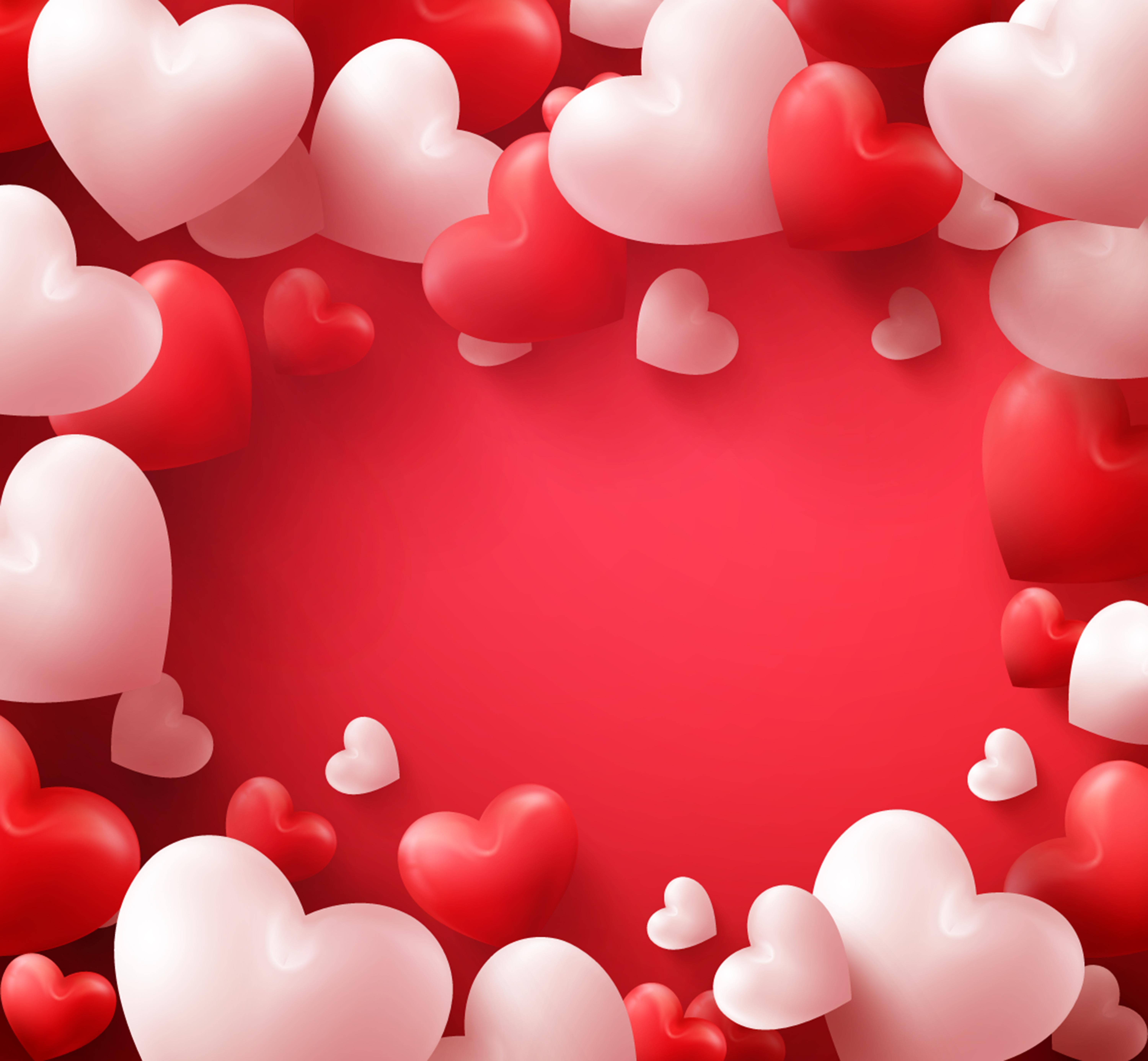 Valentines 桌布 壁紙 — 充滿活力的紅色背景，由紅色和白色色調的光澤3D心形環繞，形成浪漫的邊框。