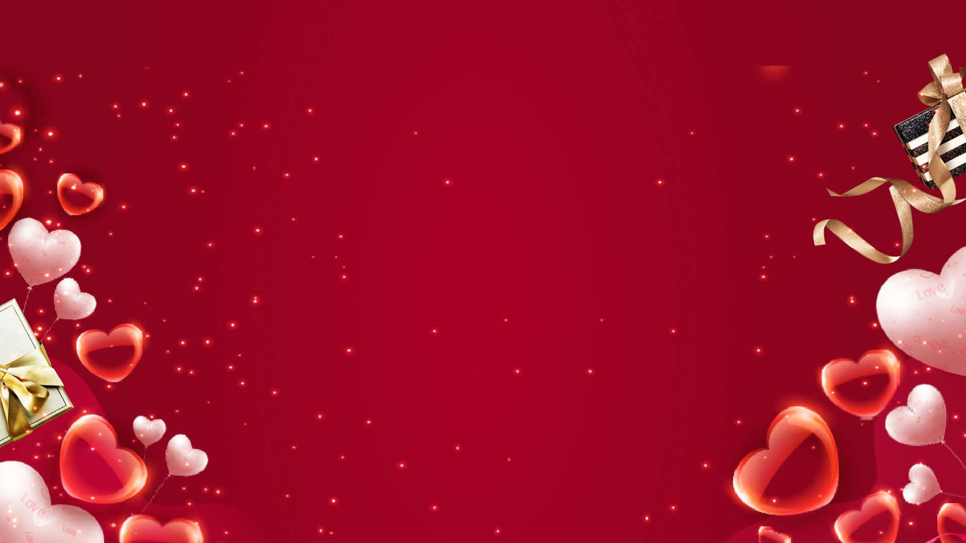 Beautiful Love 桌布 壁紙 — 充滿活力的紅色背景，裝飾著漂浮的心形和角落的禮物盒，營造出節日浪漫的氛圍。
