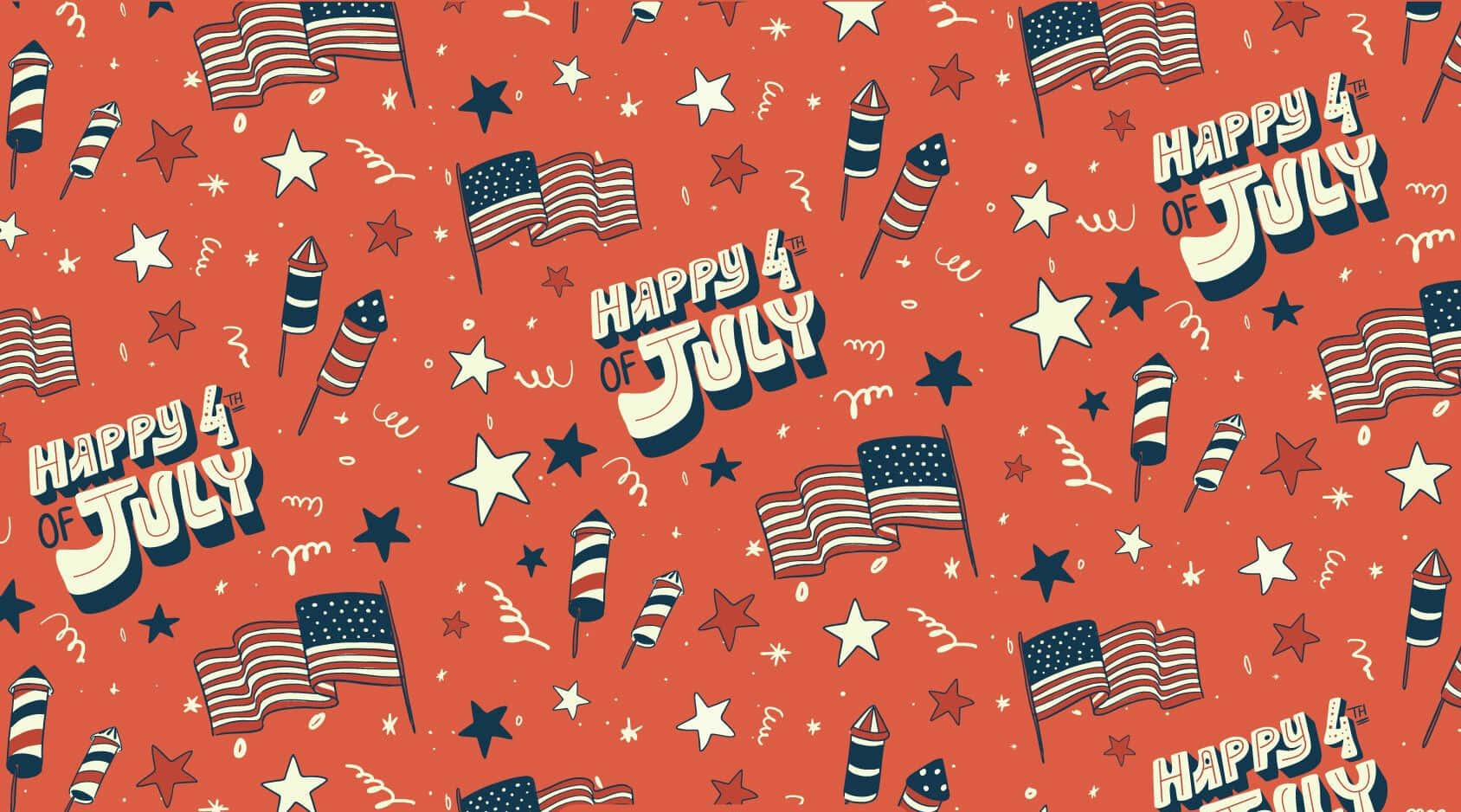 Cute 4th Of July 桌布 壁紙 — 充滿活力的紅色背景，重複出現美國國旗、煙火和「Happy 4th of July」文字，採用節日復古風格。
