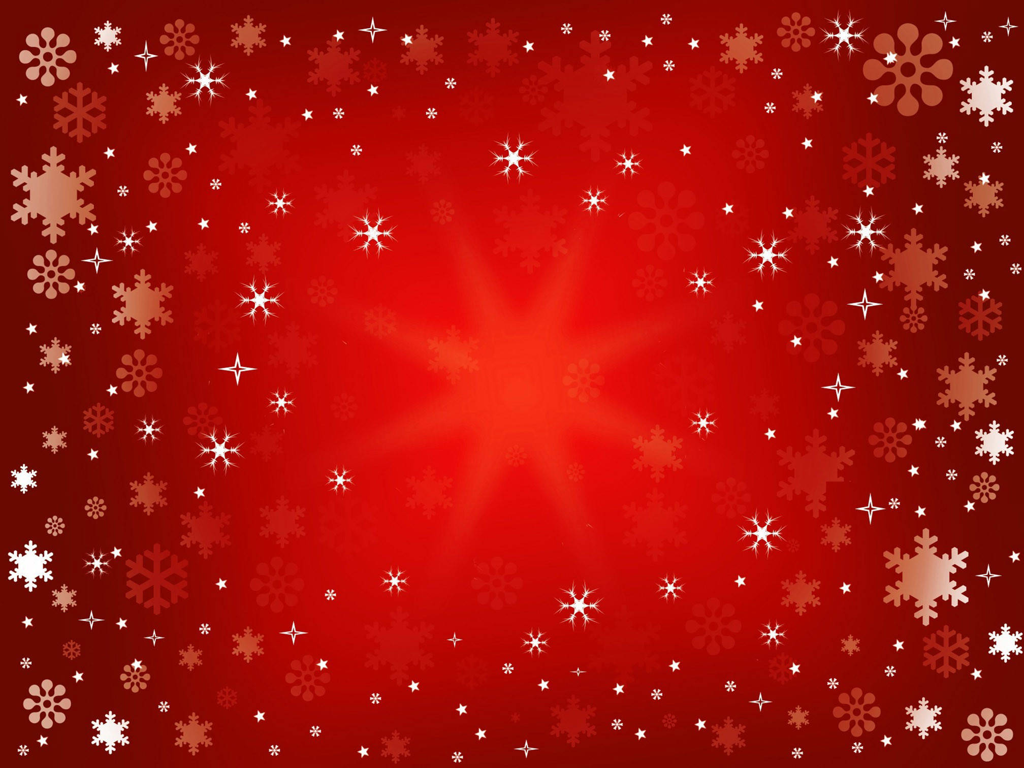 red christmas 桌布 壁紙 — 充滿活力的紅色背景，飾以發光的白色和金色雪花及星星，營造出節日邊框。