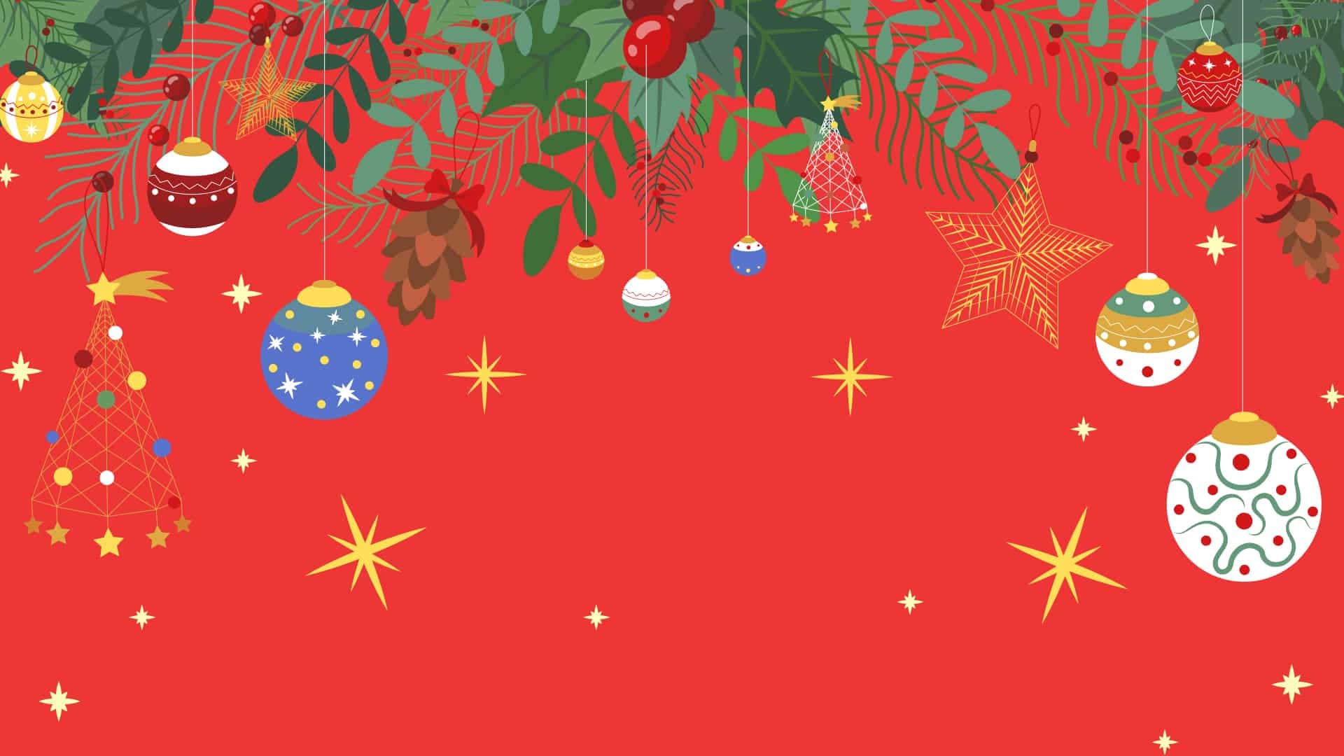 放大 桌布 壁紙 — 充滿活力的紅色背景，飾有懸掛的聖誕裝飾品、松果和星星，營造出節日假期邊框。