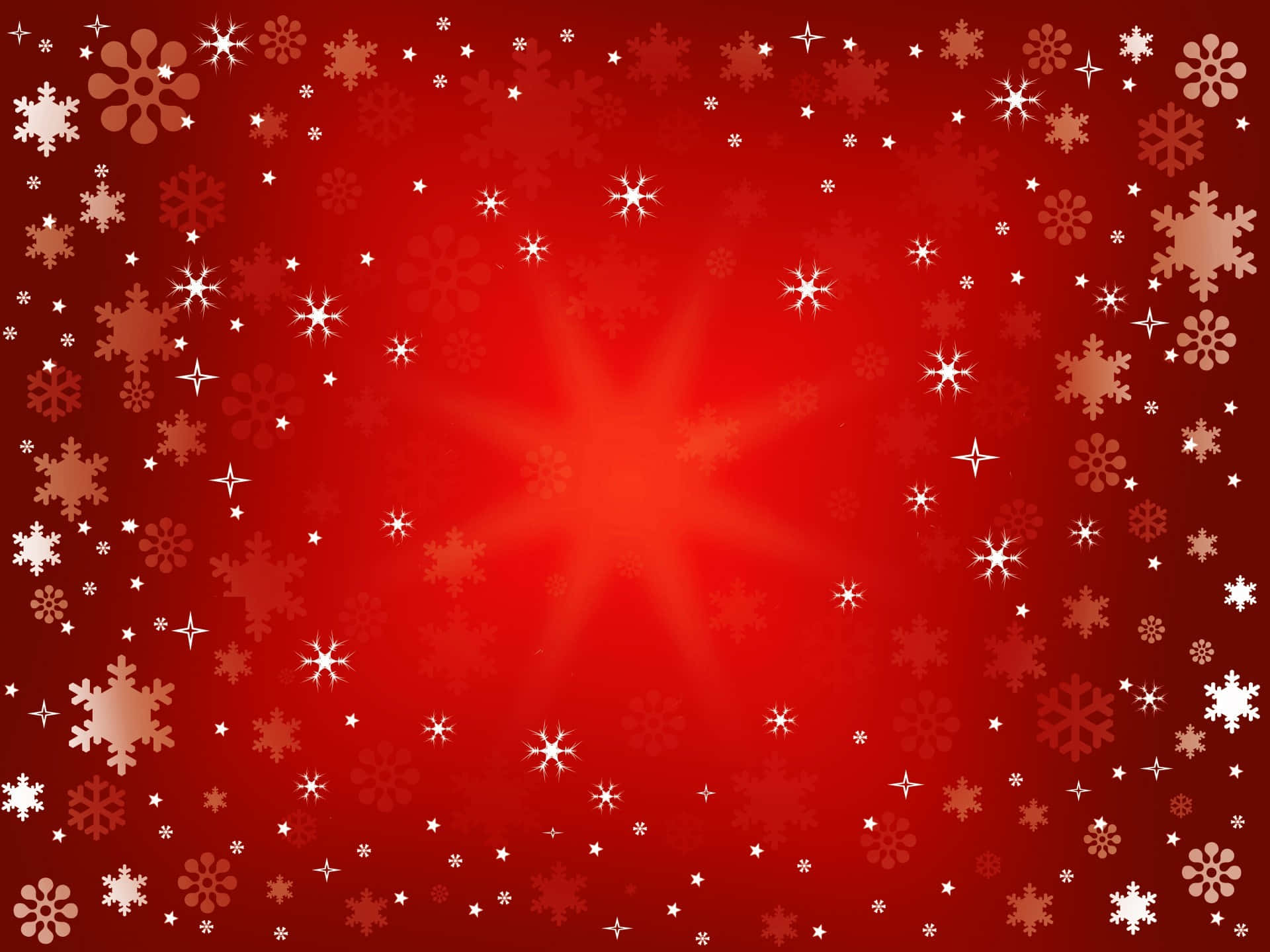 Christmas Red 桌布 壁紙 — 充滿活力的紅色背景，飾有發光的白色和金色雪花和星星，形成節日邊框。