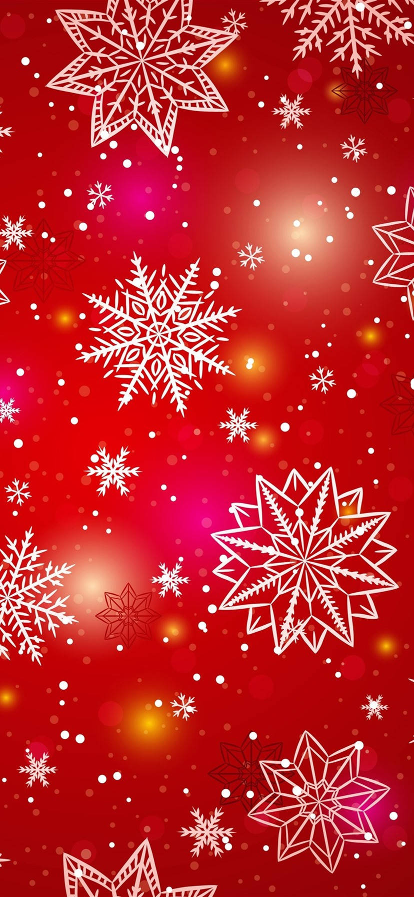 美學 桌布 壁紙 — 充滿活力的紅色背景，飾有精緻的白色雪花和閃爍的散景燈光。