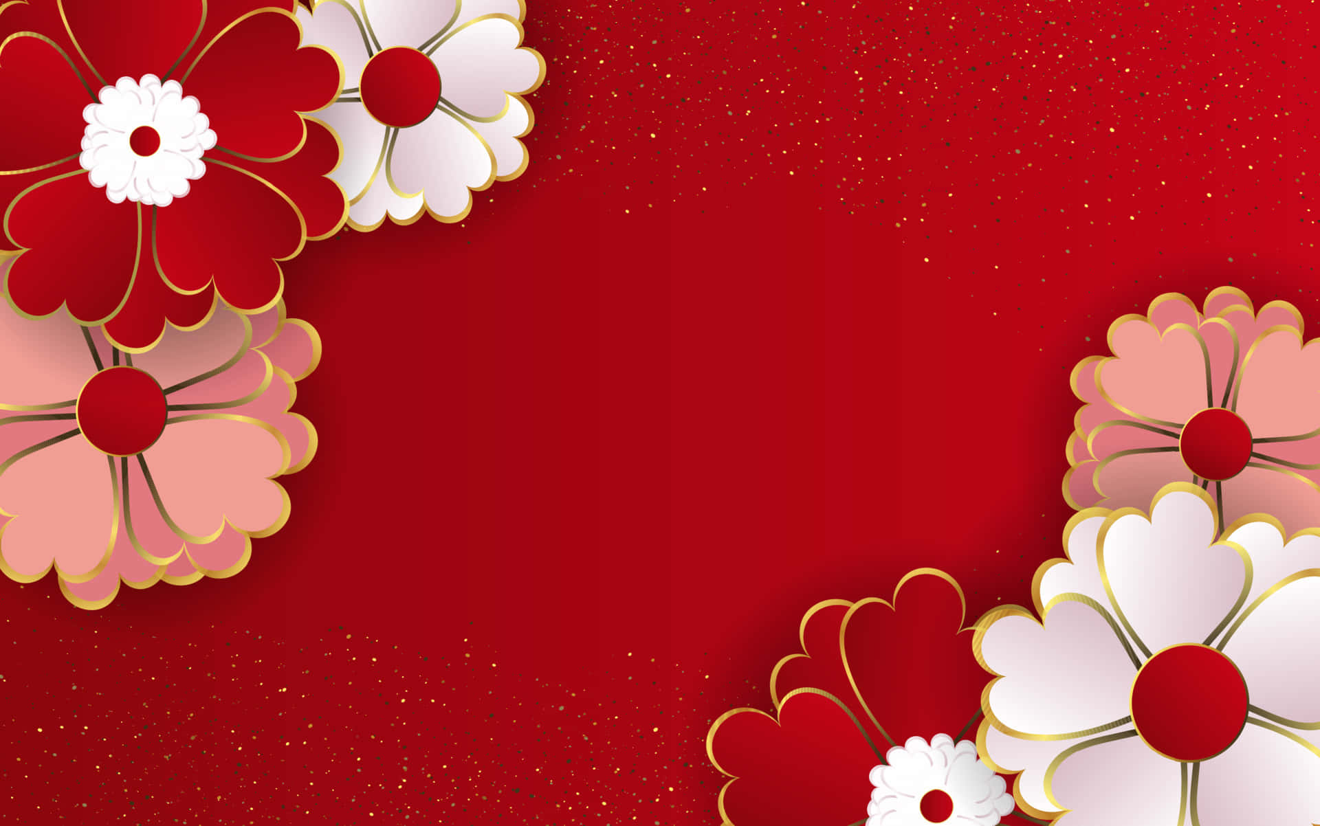High Resolution Red 桌布 壁紙 — 充滿活力的紅色背景，飾有紅色、白色和粉紅色的分層剪紙花朵，帶有金色輪廓和閃亮質感。