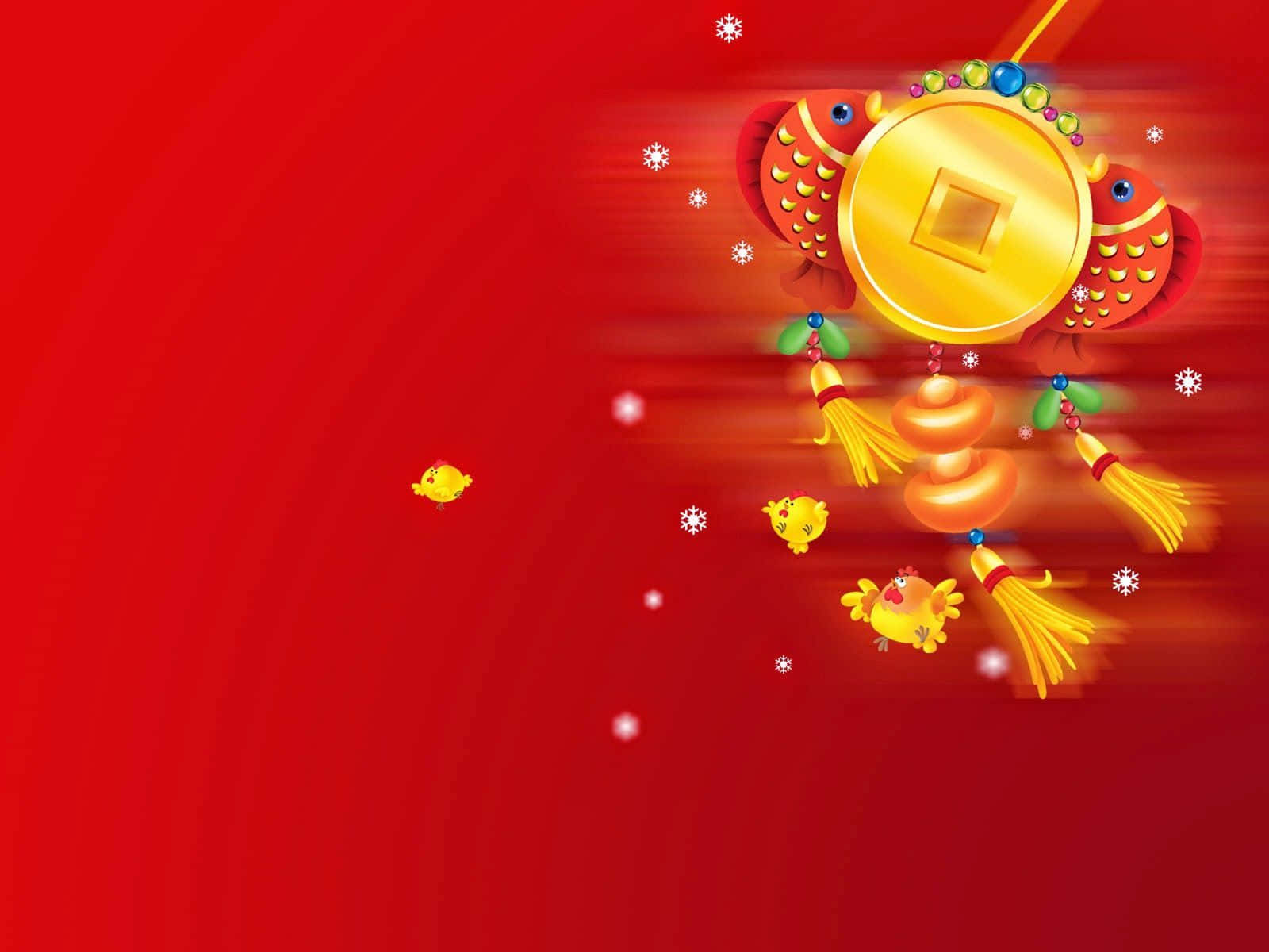 春節 桌布 壁紙 — 充滿活力的紅色背景，飾有金色硬幣和帶有流蘇和雪花的節日魚飾。