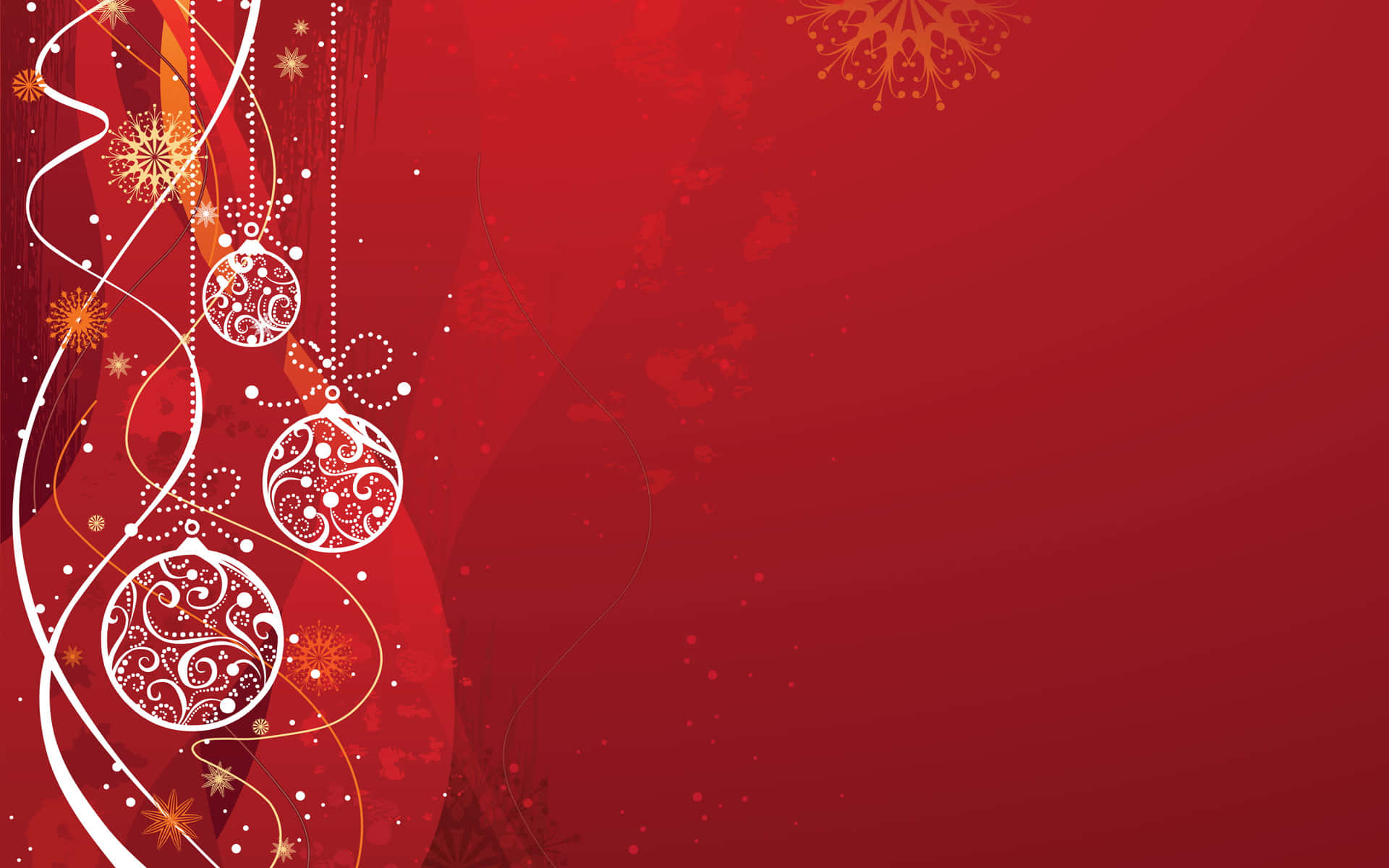 Microsoft Teams Christmas 桌布 壁紙 — 充滿活力的紅色背景，點綴著優雅的白色和金色漩渦裝飾及雪花，營造節日歡樂氣氛。