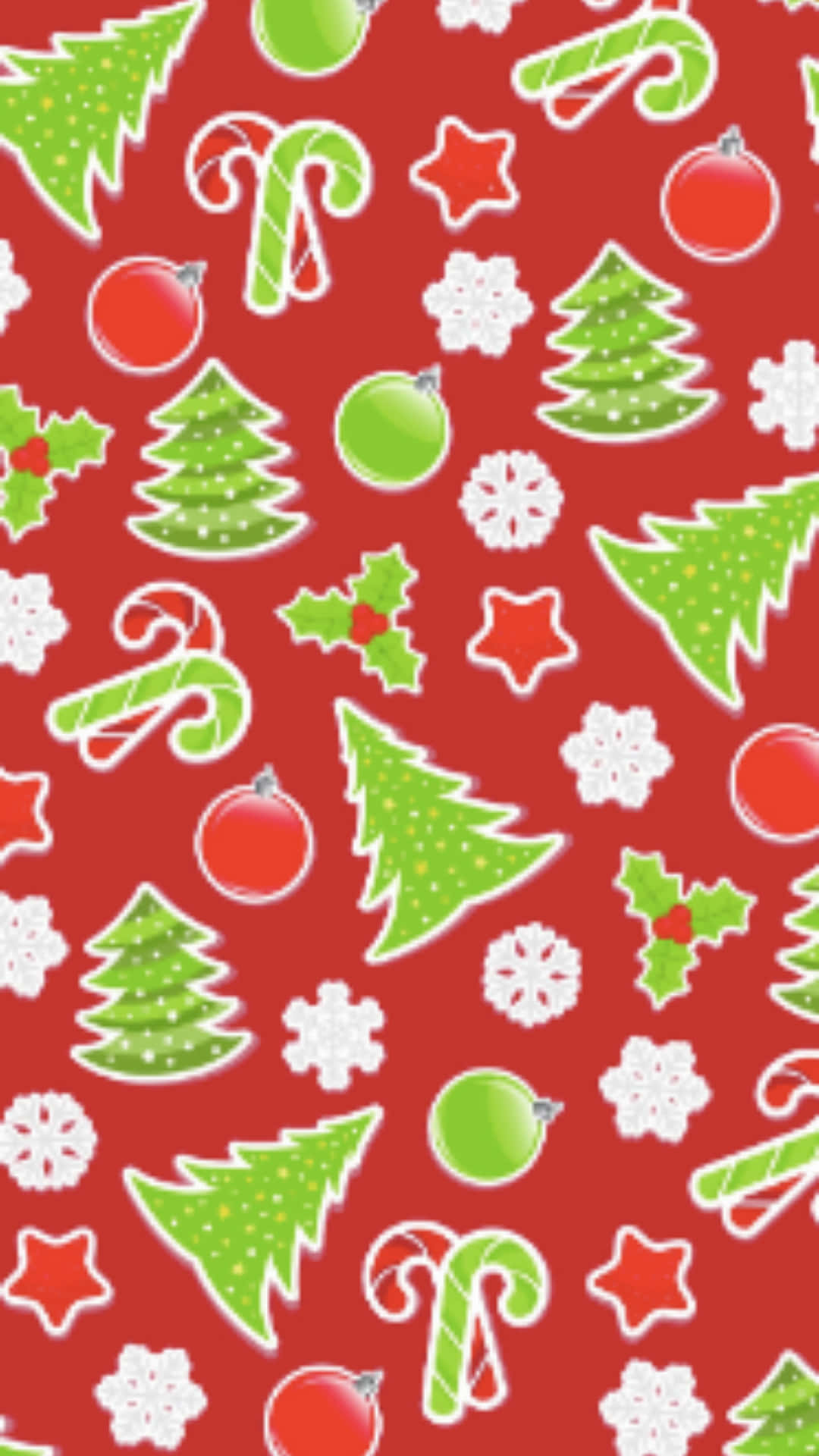 Red Christmas 桌布 壁紙 — 充滿活力的紅色背景，點綴著節日綠色樹木、拐杖糖、冬青和雪花，構成歡樂的節日圖案。