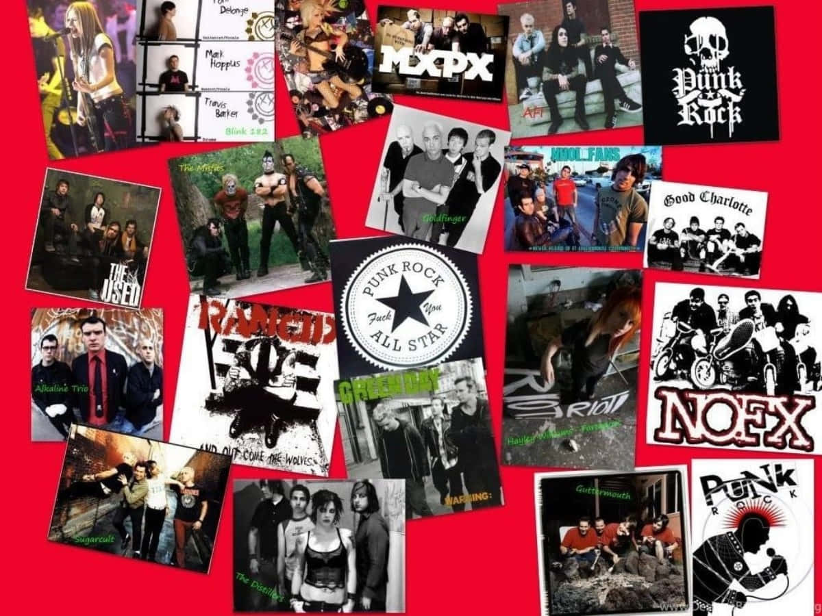 band 桌布 壁紙 — 充滿活力的紅色背景拼貼畫，包含 Green Day 和 NOFX 等龐克搖滾樂團的照片和專輯封面。