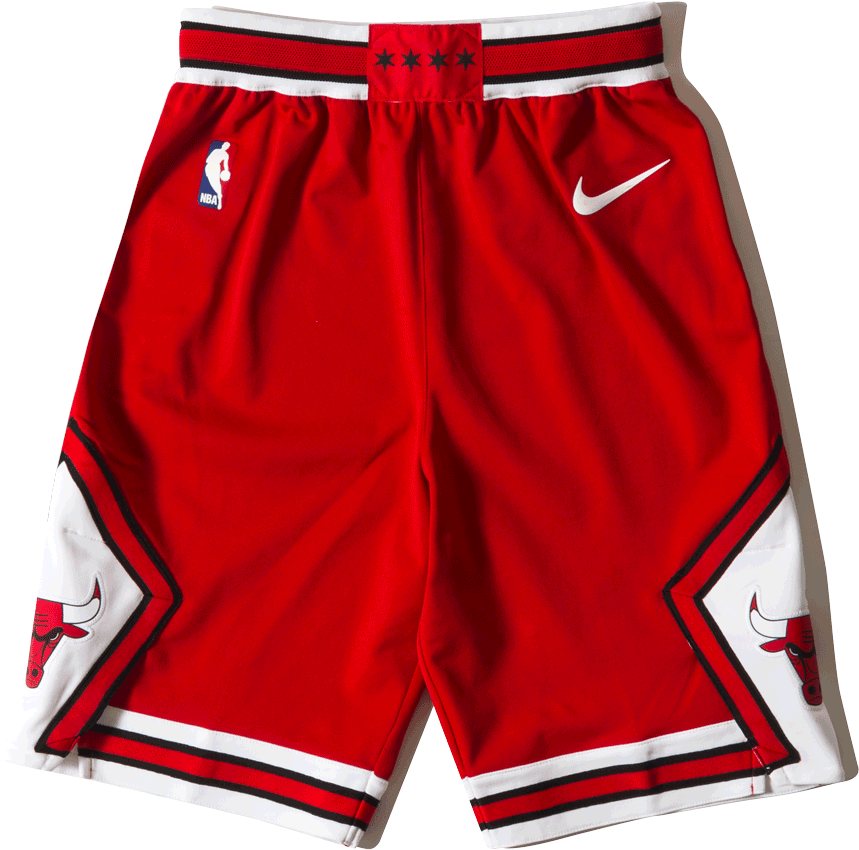 Nike Logo 桌布 壁紙 — 充滿活力的紅色芝加哥公牛隊籃球短褲，側面有白色和黑色點綴及球隊標誌。