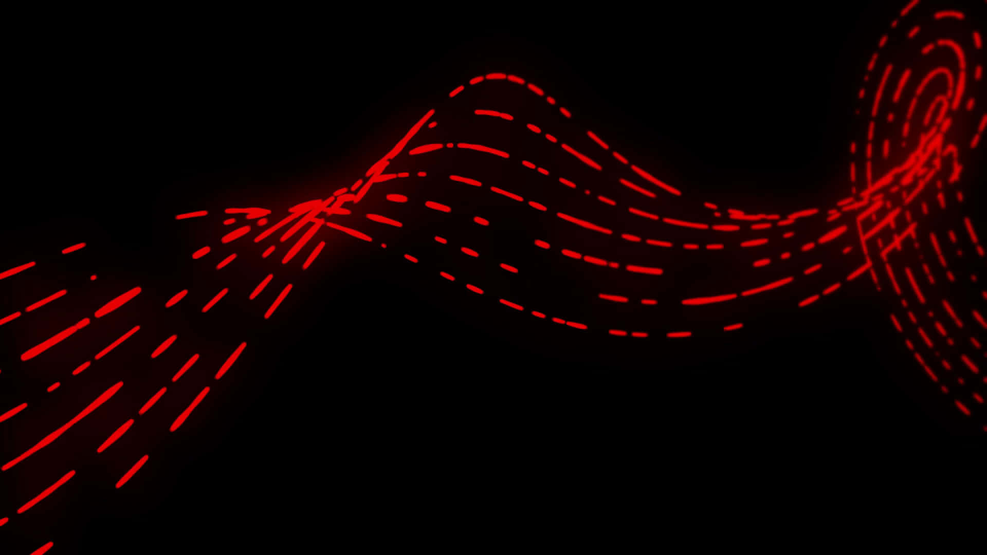 Red Neon 桌布 壁紙 — 充滿活力的紅色虛線在深黑色背景上動態流動，形成未來主義抽象圖案。
