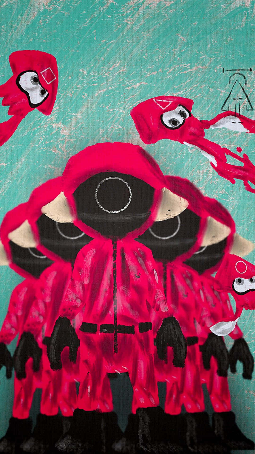 Squid Game 桌布 壁紙 — 充滿活力的紅色連帽人物，大眼睛和黑色手套，站在有紋理的青綠色背景前。