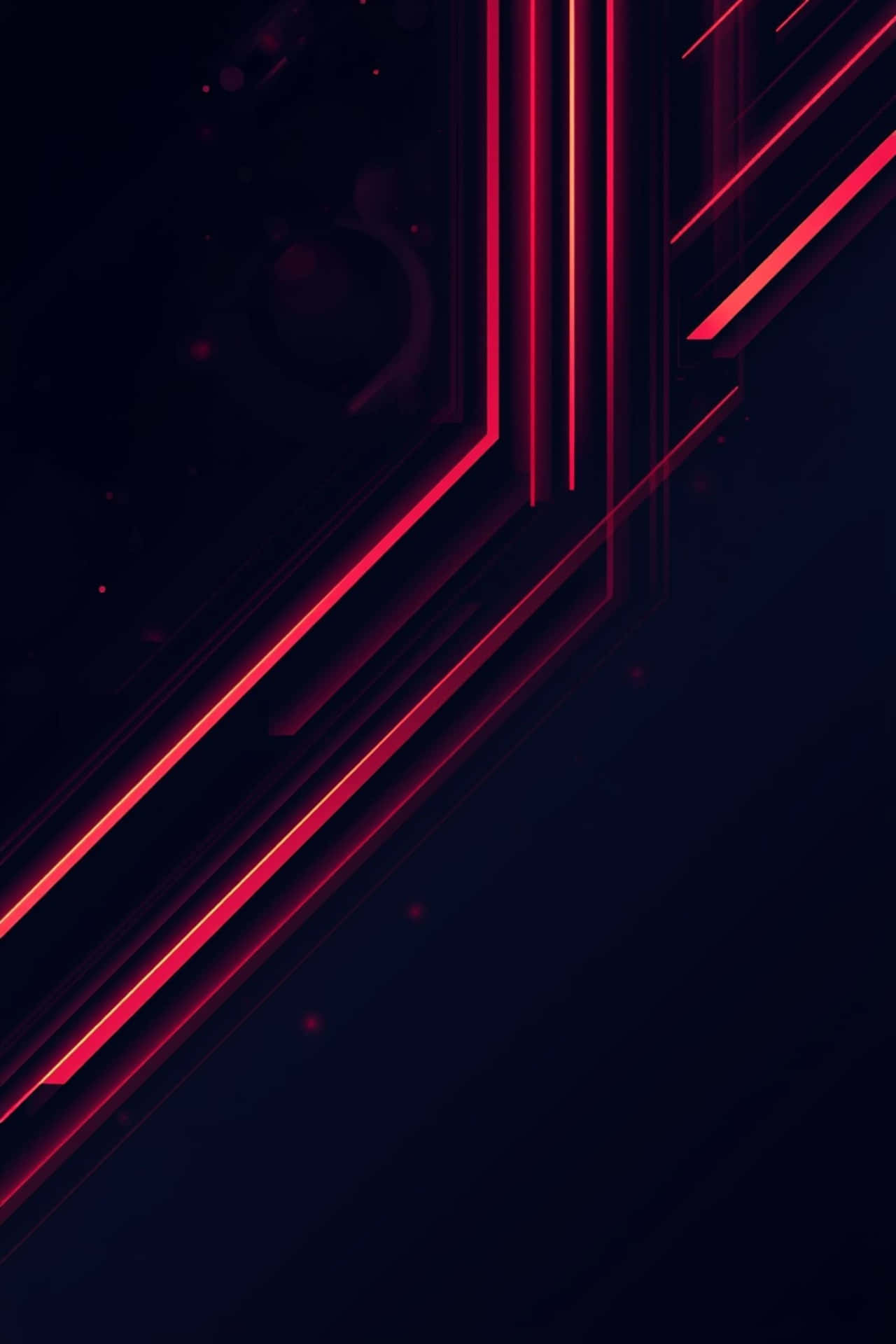 Dark abstract background with glowing neon lines and modern style 壁紙 — 充滿活力的紅色霓虹線條以對角線方式劃過深海軍藍背景，帶有微妙的發光粒子。