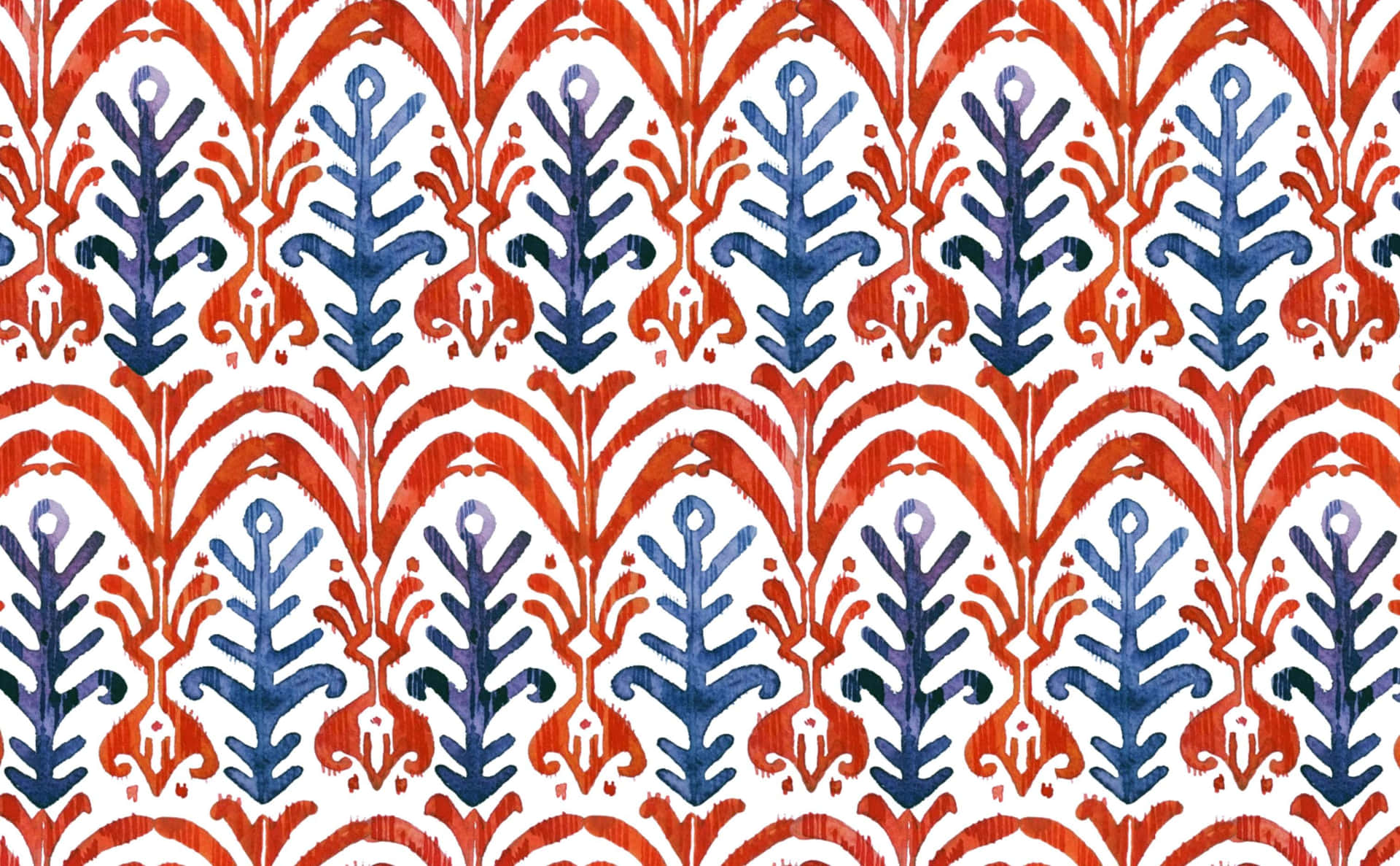 紅色動圖 桌布 壁紙 — 充滿活力的紅藍 ikat 風格圖案，白色背景上手繪筆觸。