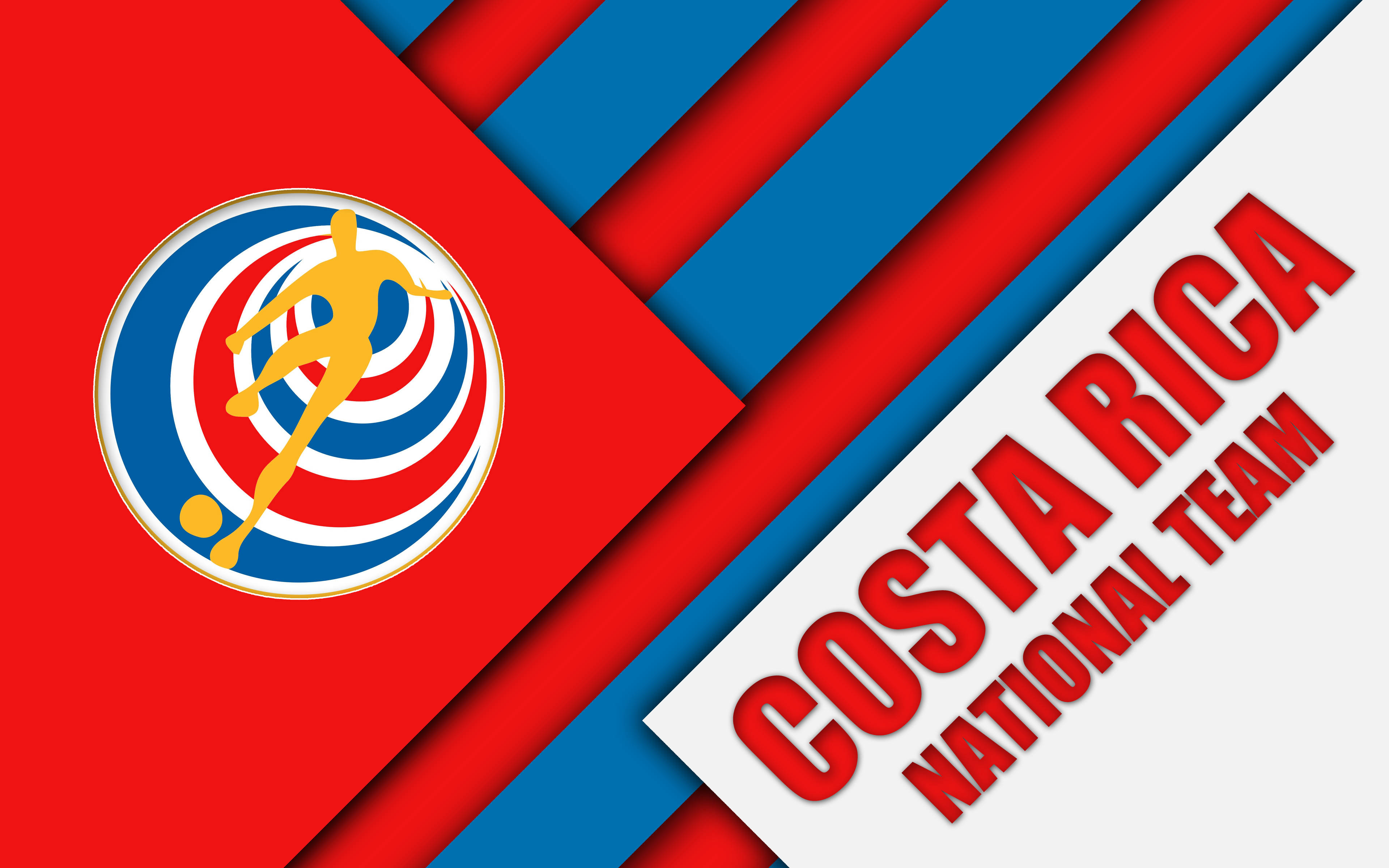 Costa 桌布 壁紙 — 充滿活力的紅藍白幾何背景，帶有哥斯大黎加國家隊標誌和金色足球運動員剪影。