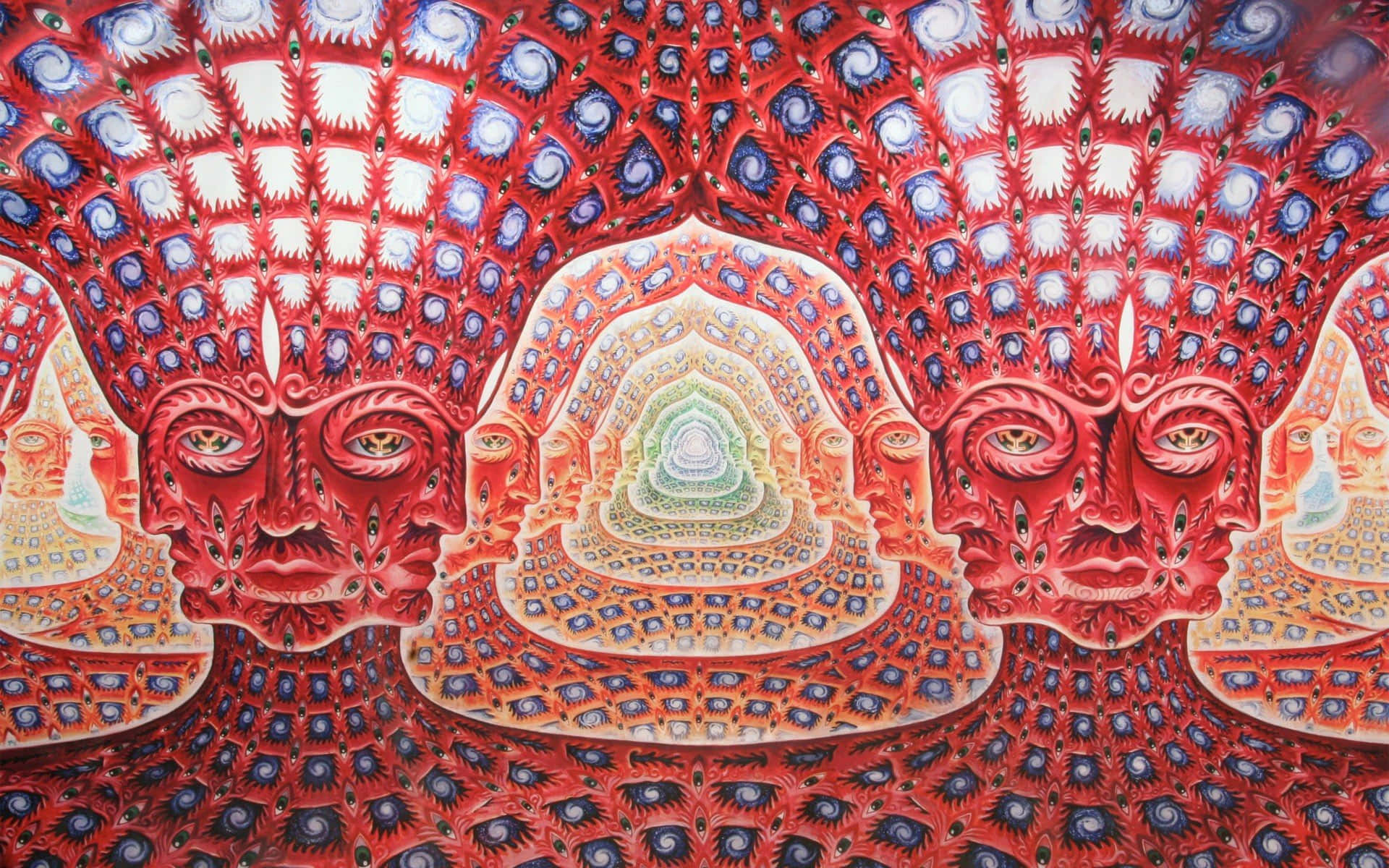 桌布 壁紙 — 充滿活力的紅藍迷幻壁畫，對稱的臉孔和螺旋圖案營造出催眠隧道效果。
