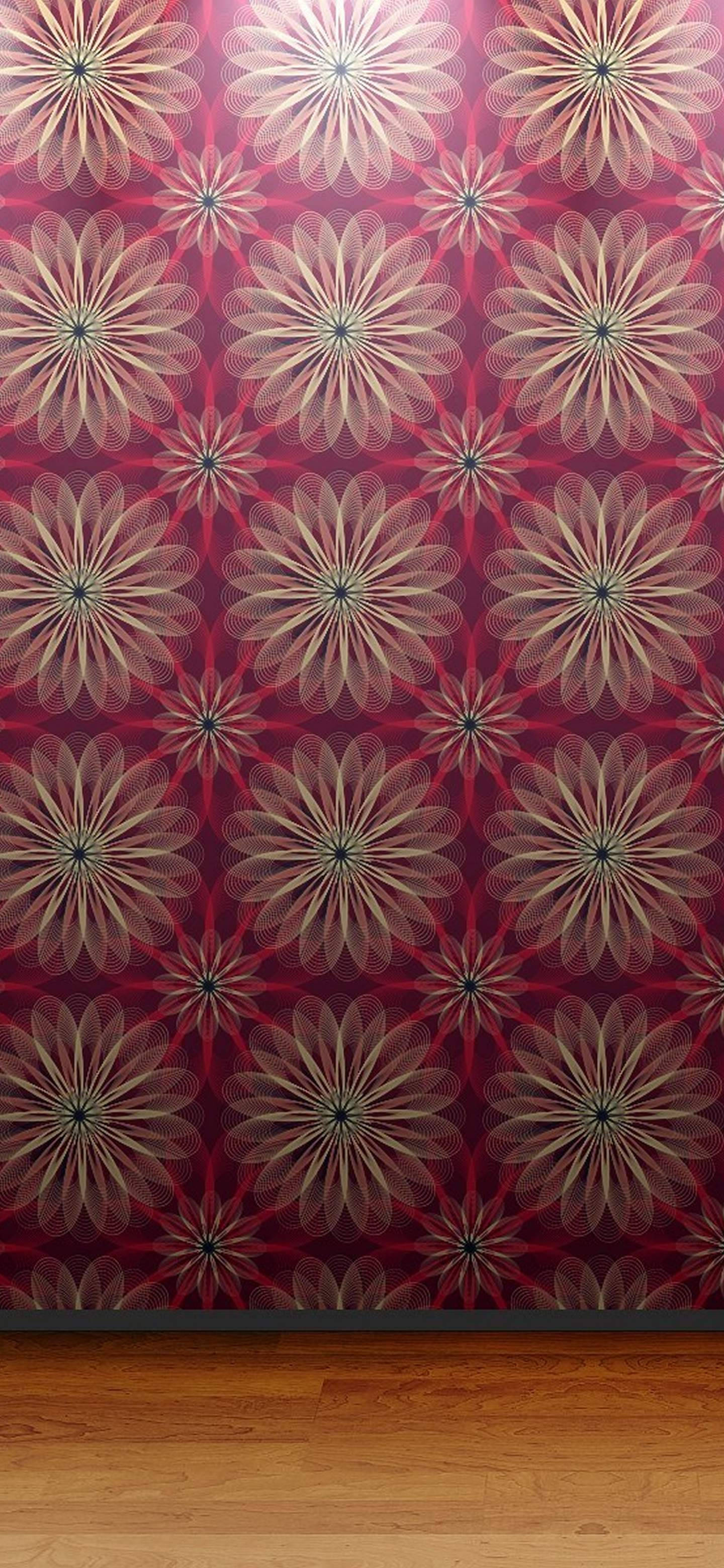 花卉 桌布 壁紙 — 充滿活力的紅金色幾何花卉圖案壁紙，帶有精細的線條藝術細節。