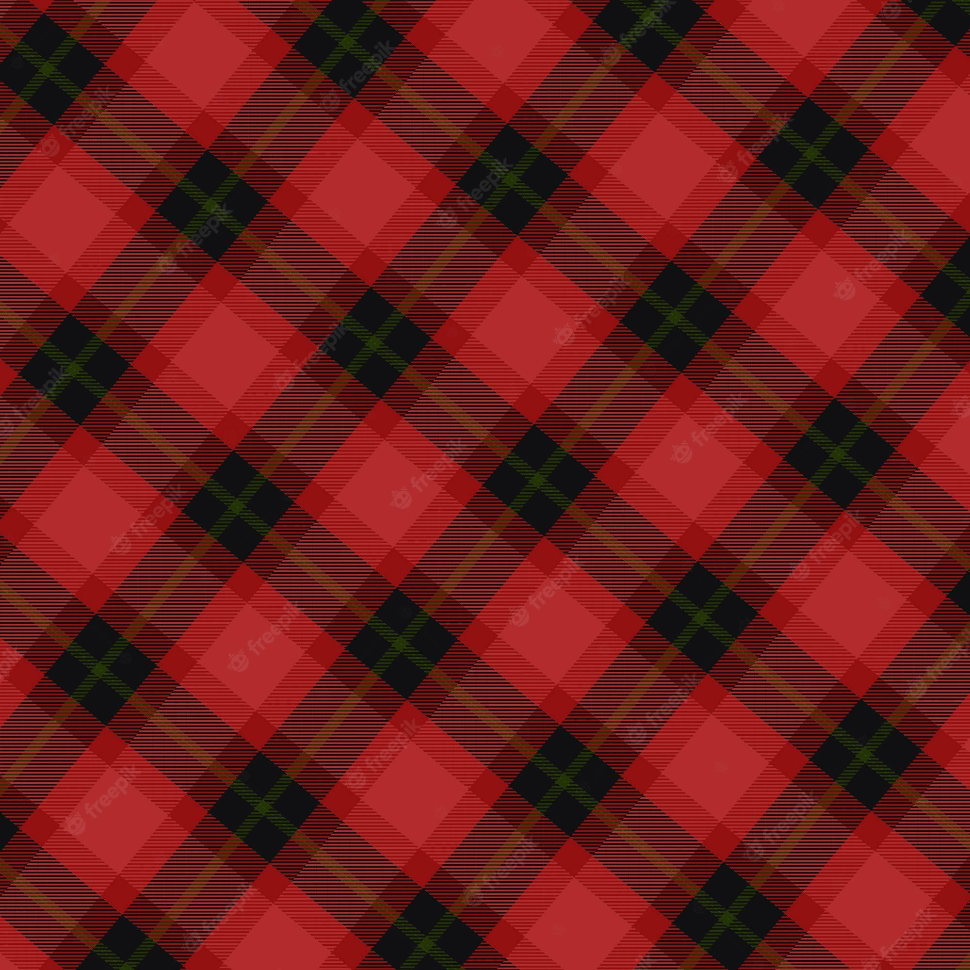 Fabric 桌布 壁紙 — 充滿活力的紅黑綠蘇格蘭格紋圖案，帶有對角線條形成重複的菱形形狀。