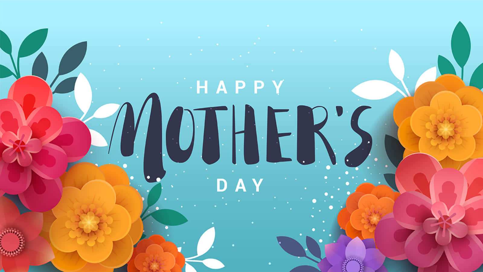 happy mother's day 桌布 壁紙 — 充滿活力的紙花，以粉紅色、橙色和紫色構成框架，襯托出在柔和藍色背景上閱讀Happy Mother's Day的粗體黑色文字。
