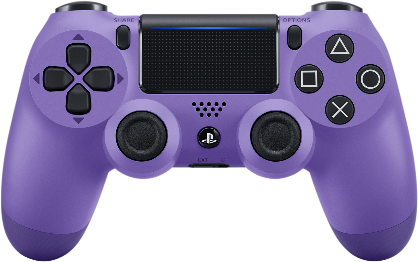 PlayStation 桌布 壁紙 — 充滿活力的紫色 PlayStation 4 控制器，帶有黑色按鈕和紋理握把，在純黑背景下格外突出。
