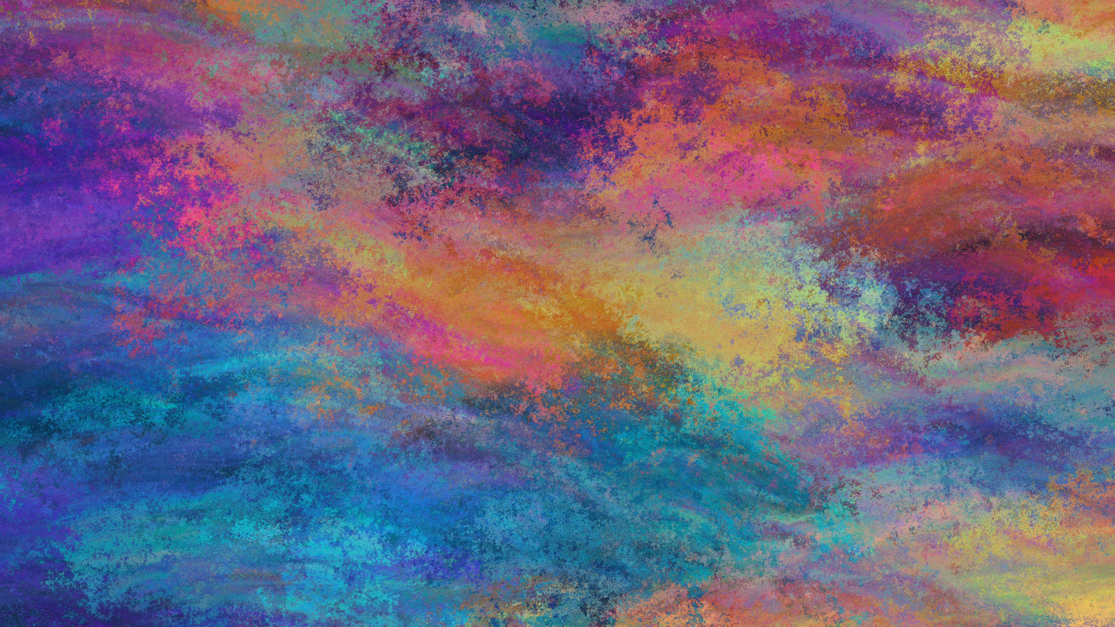 Colorful Abstract Art 桌布 壁紙 — 充滿活力的紫色、粉紅色、橙色和藍綠色抽象漩渦融合在一起，形成紋理豐富的繪畫色彩爆炸。