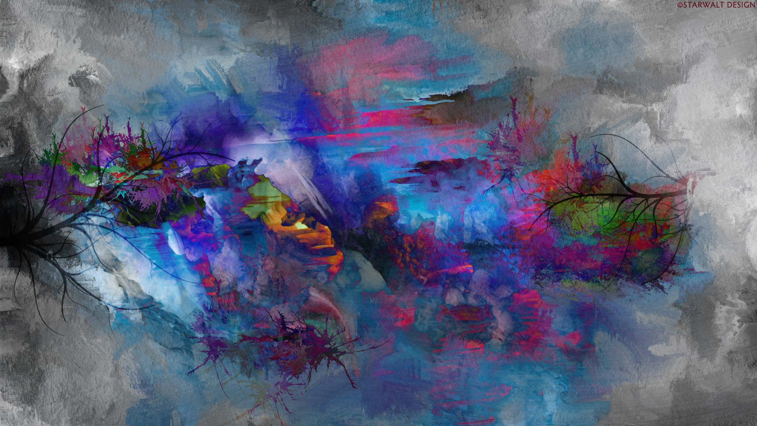 Abstract Expressionism 桌布 壁紙 — 充滿活力的紫色、粉紅色和藍色抽象水彩潑濺，在帶有深色筆觸的陰鬱灰色背景上綻放。