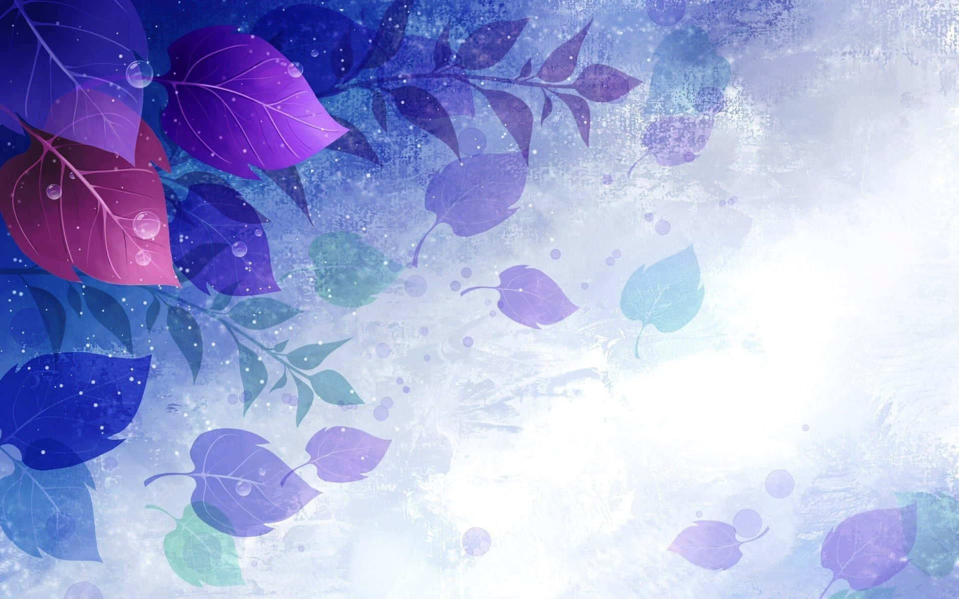 淺色 桌布 壁紙 — 充滿活力的紫色、粉紅色和藍色葉片帶著露珠，在柔軟有紋理的淺藍色背景上優雅飄浮。