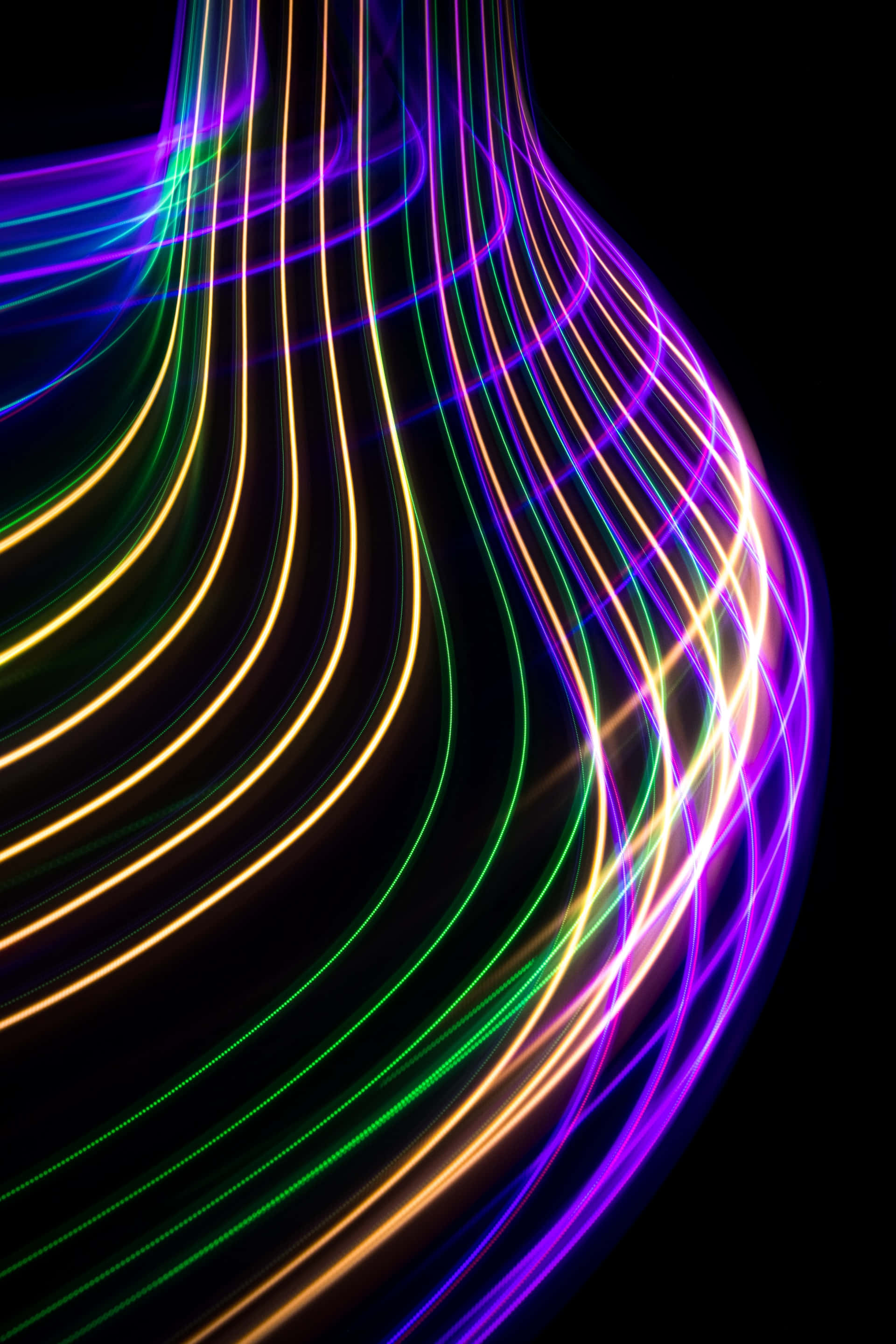 Psychedelic Neon Lights 桌布 壁紙 — 充滿活力的紫色、綠色和金色霓虹燈光軌跡在純黑色背景上動態彎曲。
