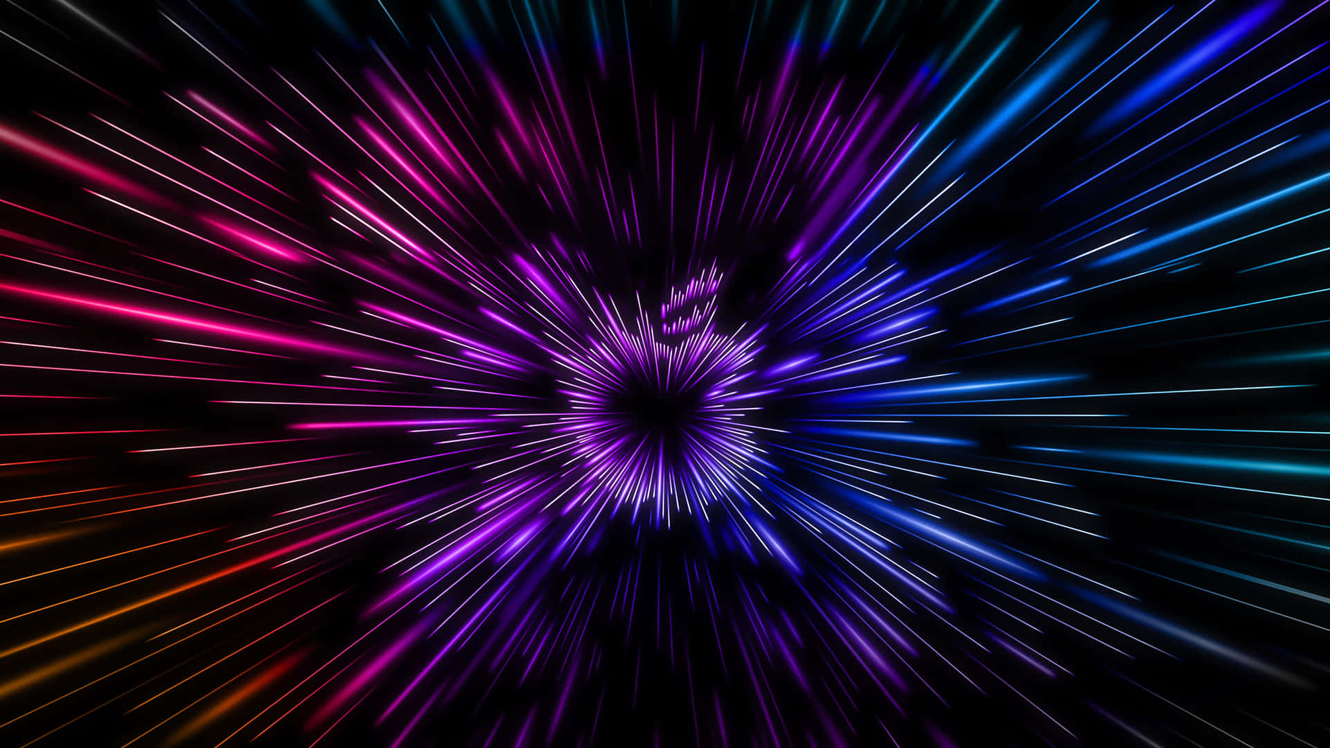 霓虹光條在黑色背景上以宇宙隧道效果向外輻射。 — 4K 壁紙
