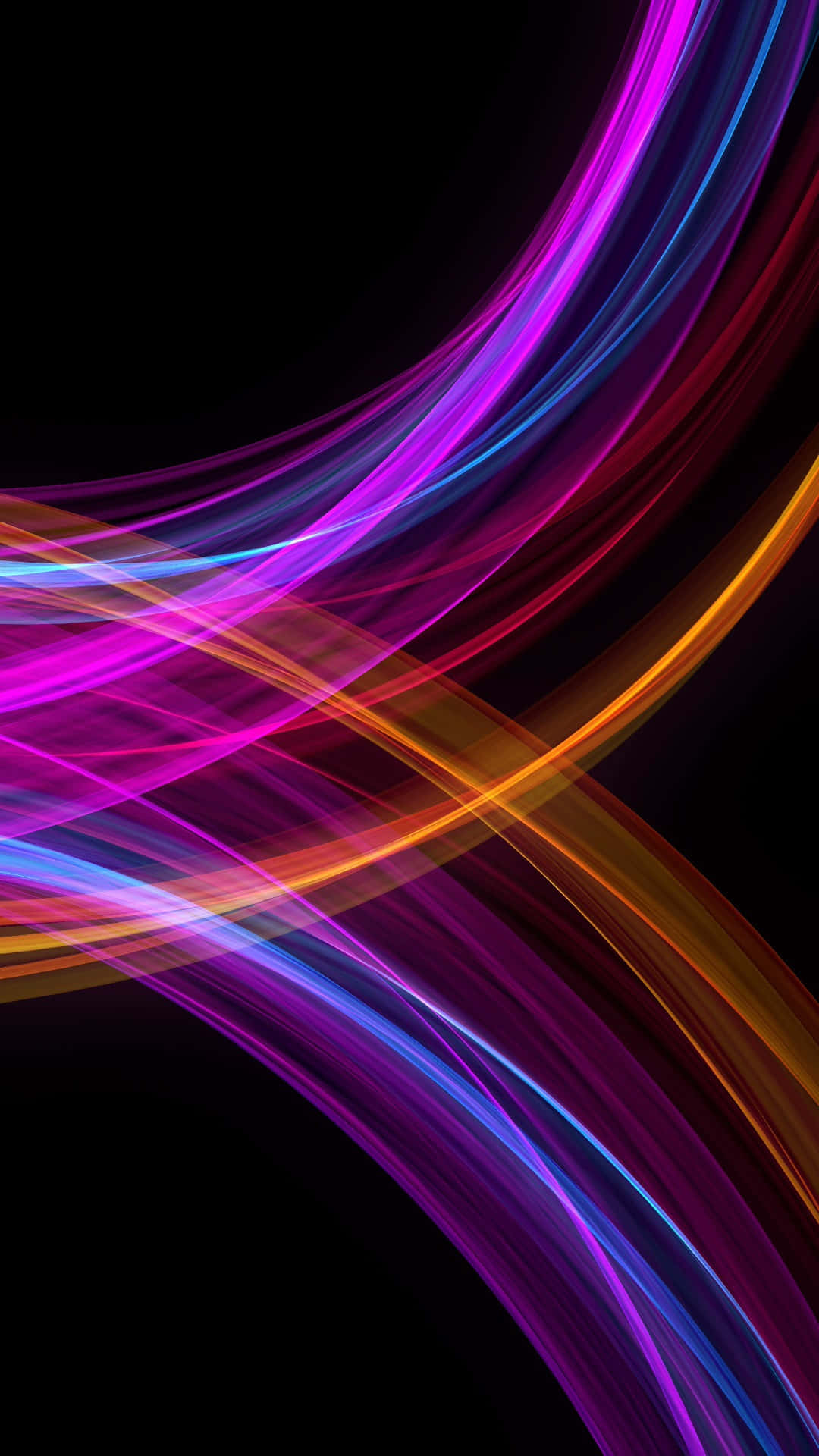 Best Amoled 桌布 壁紙 — 充滿活力的紫色、藍色和橙色霓虹燈條紋在純黑色背景上動態流動。
